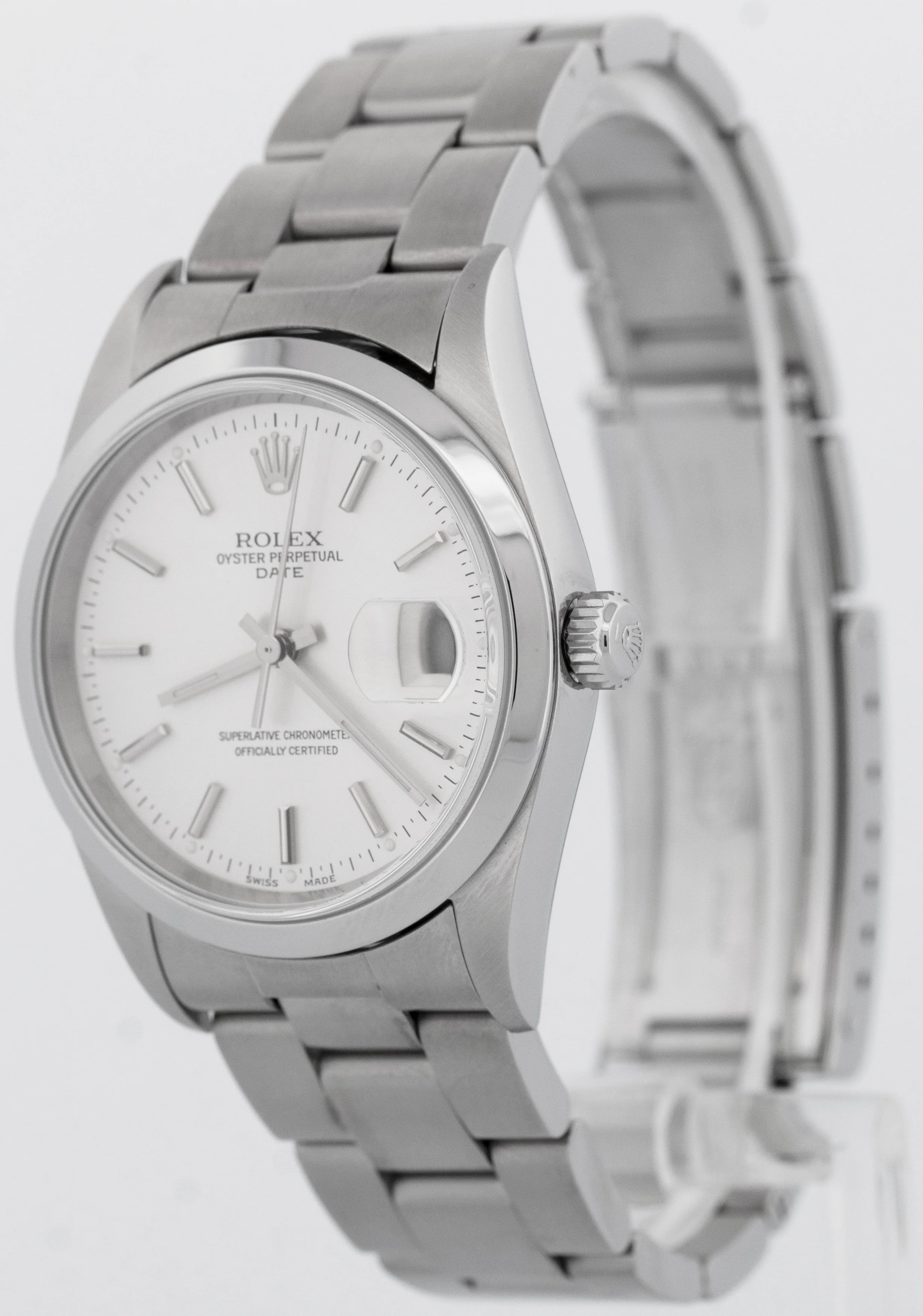 Rolex Oyster Perpetual Date Silver 34mm Oyster Steel NO-HOLES Watch 15200 - Image 3
