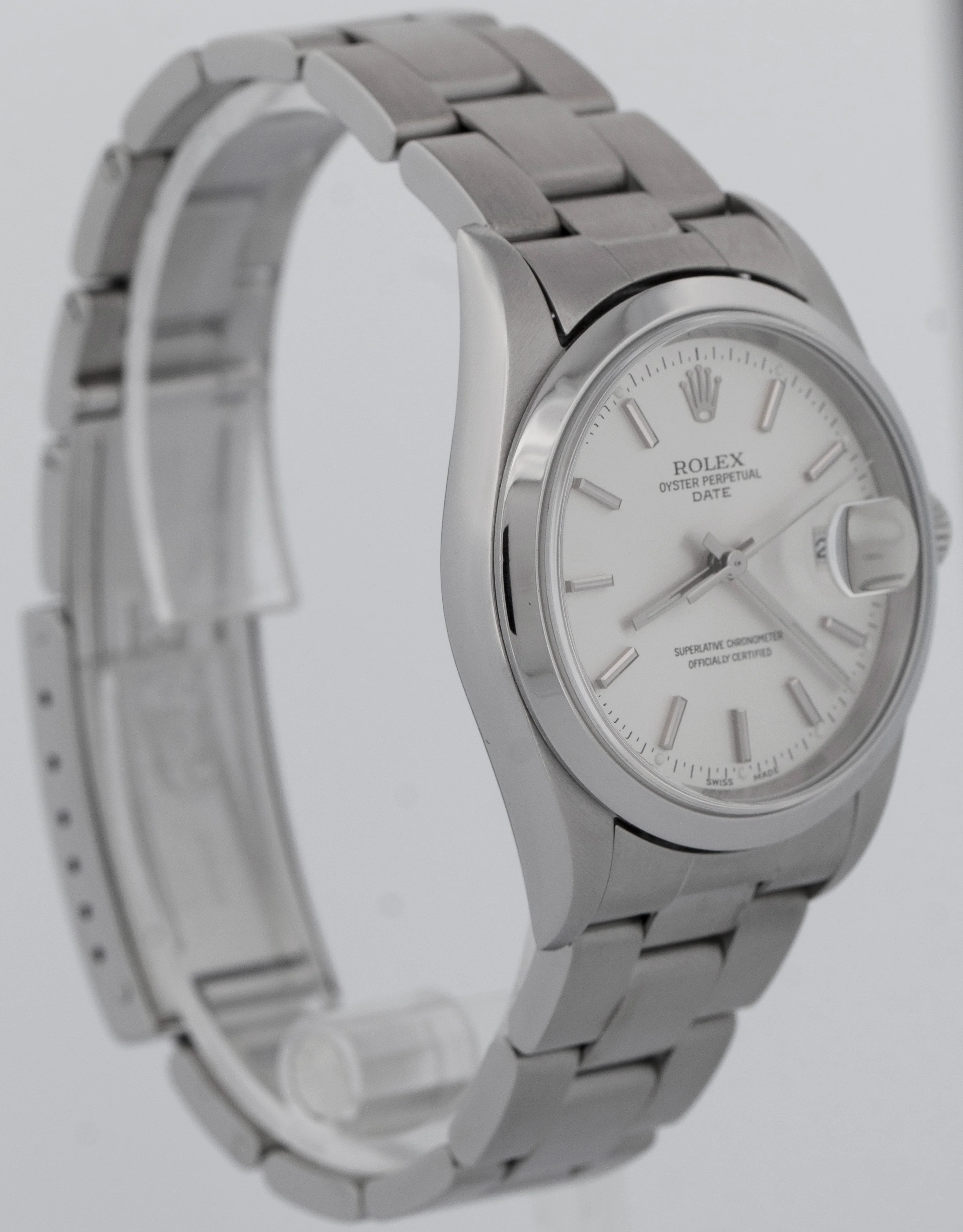 Rolex Oyster Perpetual Date Silver 34mm Oyster Steel NO-HOLES Watch 15200 - Image 4
