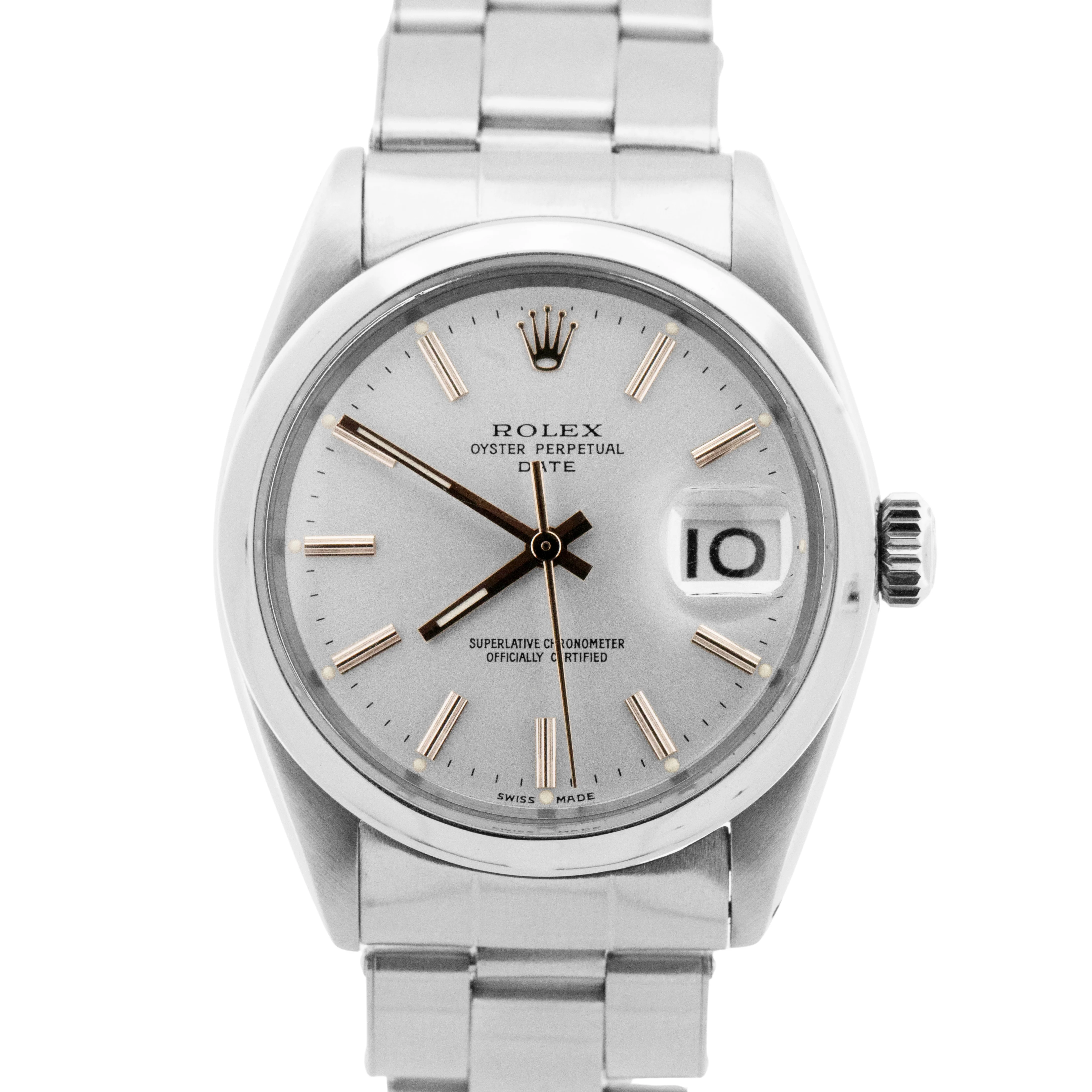 1966 Rolex Oyster Perpetual Date Silver 34mm Stainless Steel Oyster Watch 1500