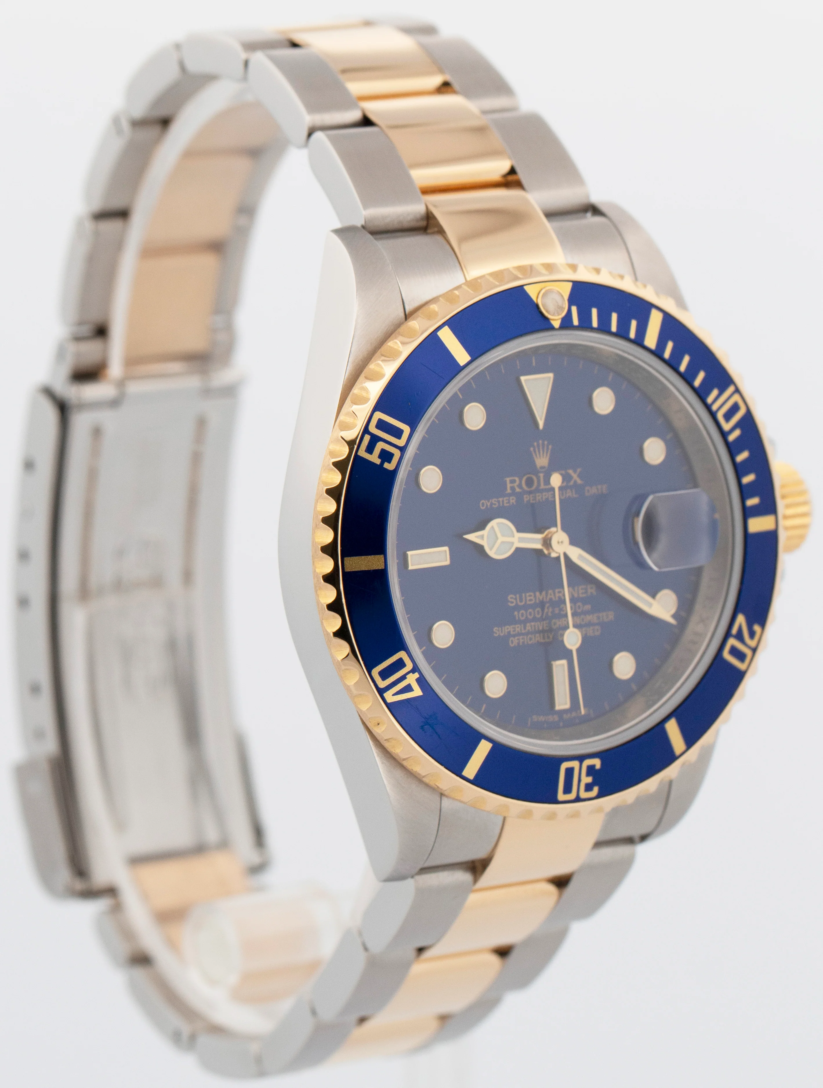 Rolex Submariner Date 40mm BLUE 18K Gold REHAUT No-Holes Steel 16613 Watch - Image 4
