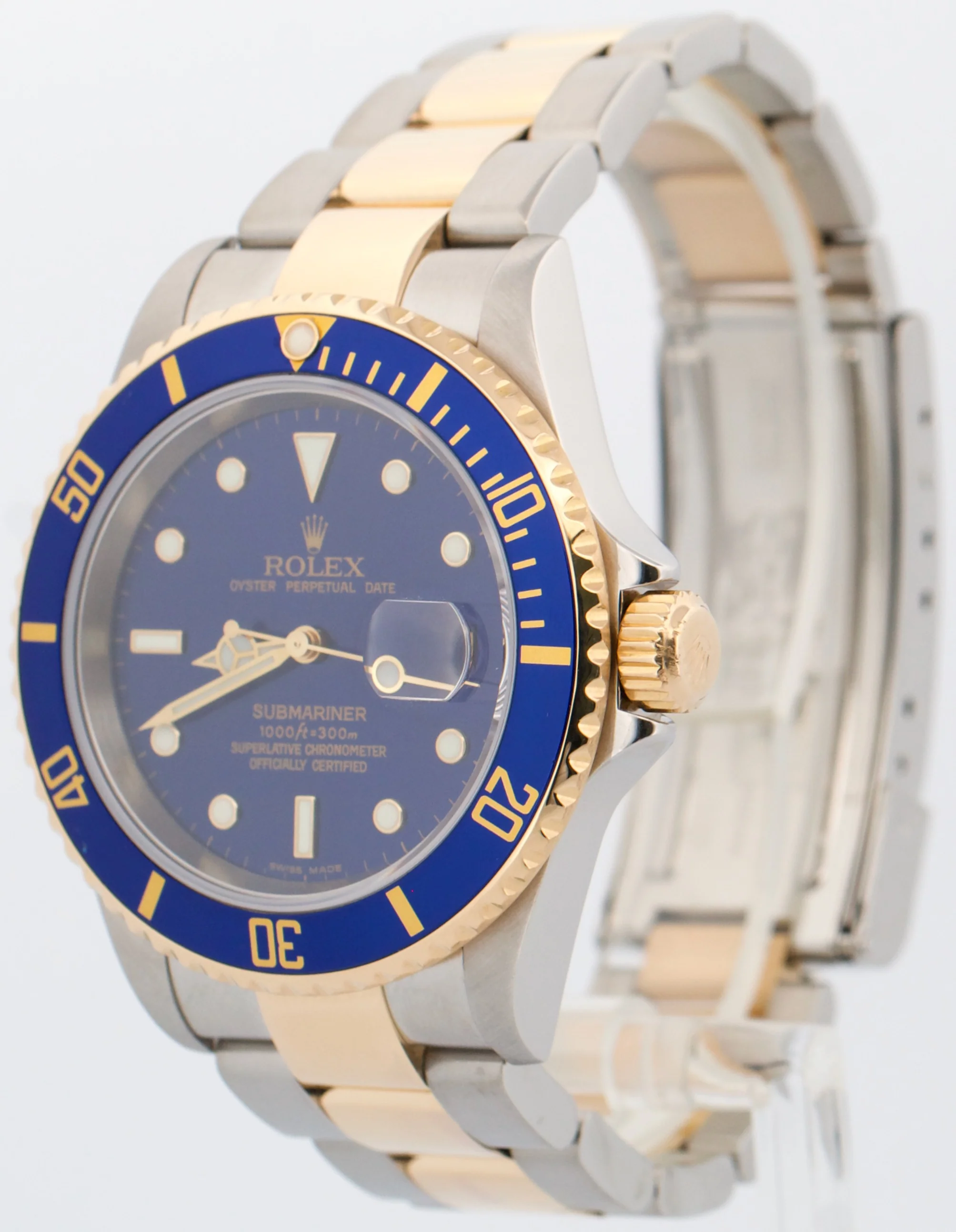 Rolex Submariner Date 40mm BLUE 18K Gold No-Holes Steel GOLD BUCKLE 16613 Watch - Image 3