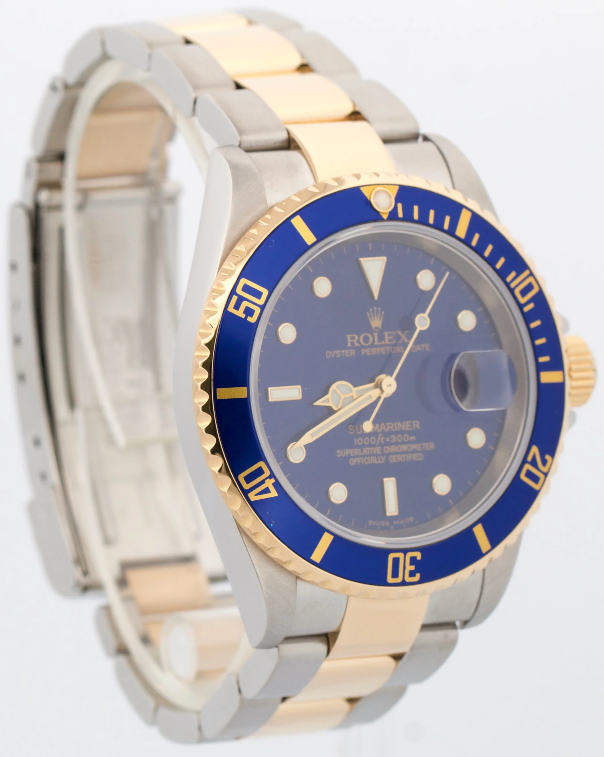 Rolex Submariner Date 40mm BLUE 18K Gold No-Holes Steel GOLD BUCKLE 16613 Watch - Image 4