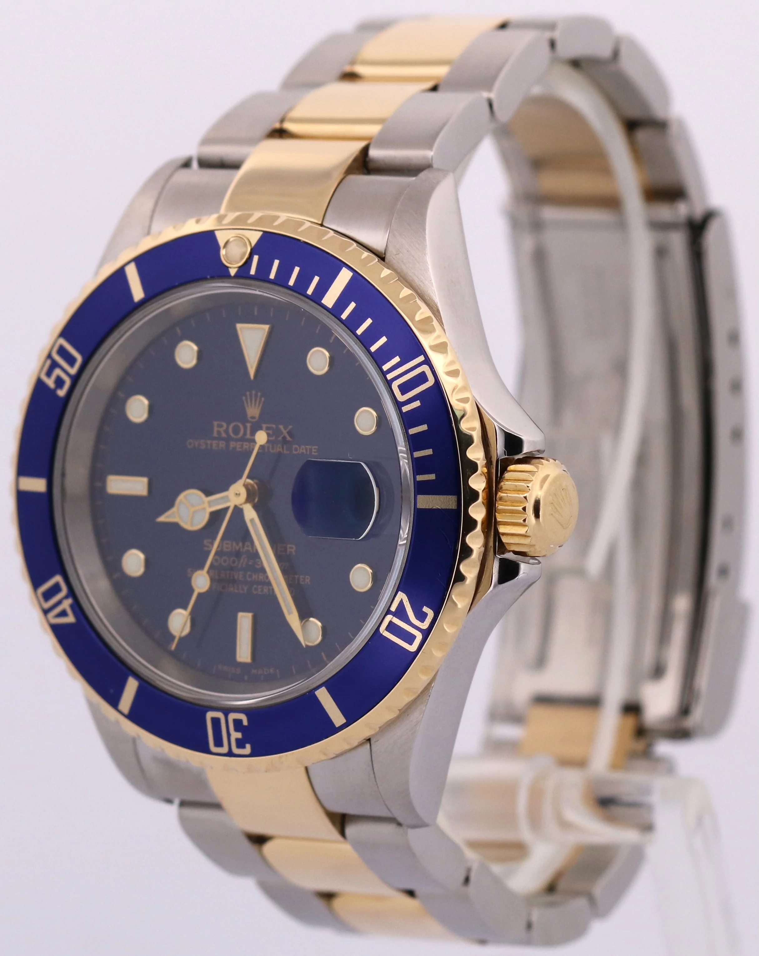 Rolex Submariner Date 40mm Blue NO-HOLES Stainless Steel 18K GOLD BUCKLE 16613 - Image 3