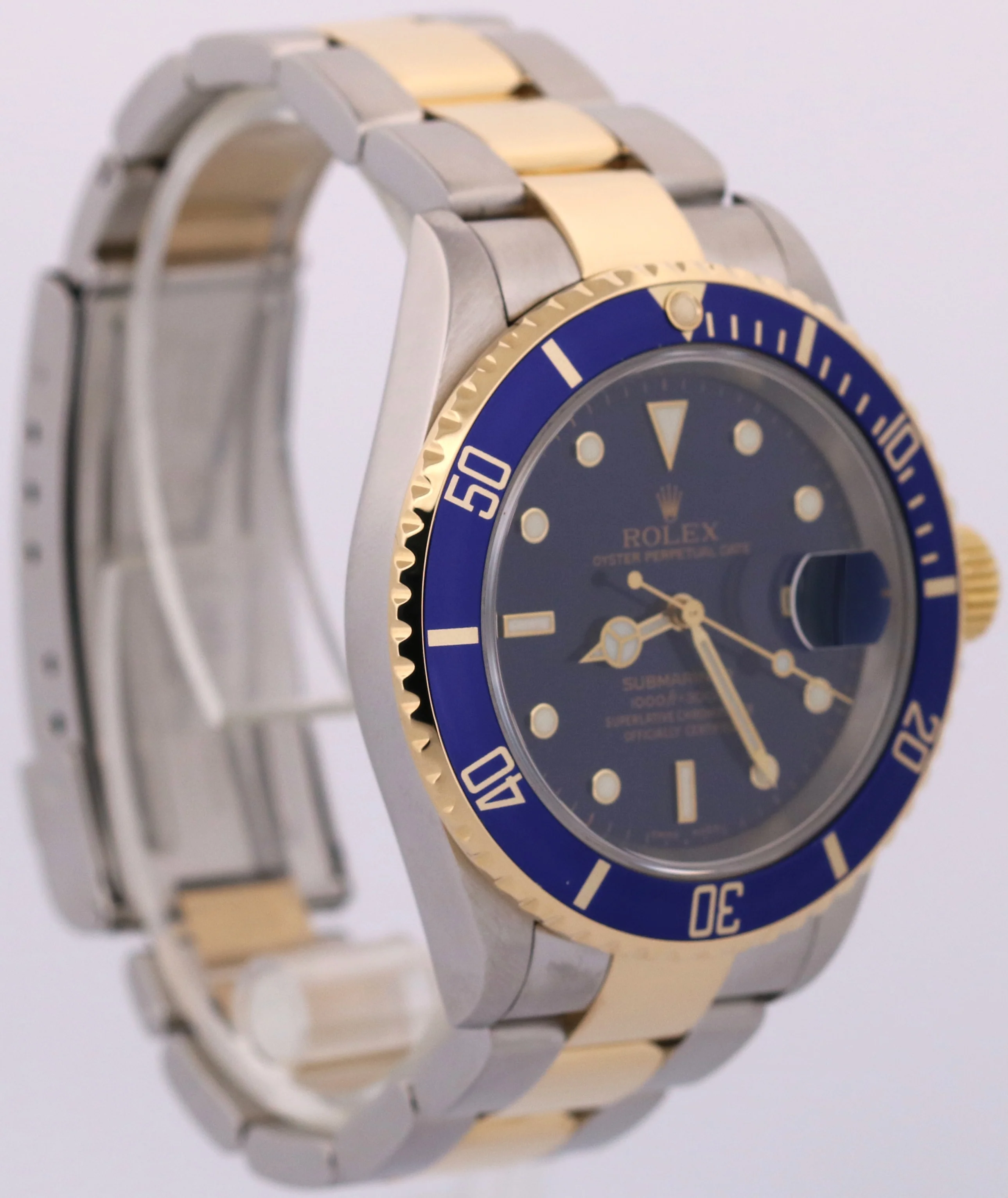 Rolex Submariner Date 40mm Blue NO-HOLES Stainless Steel 18K GOLD BUCKLE 16613 - Image 4