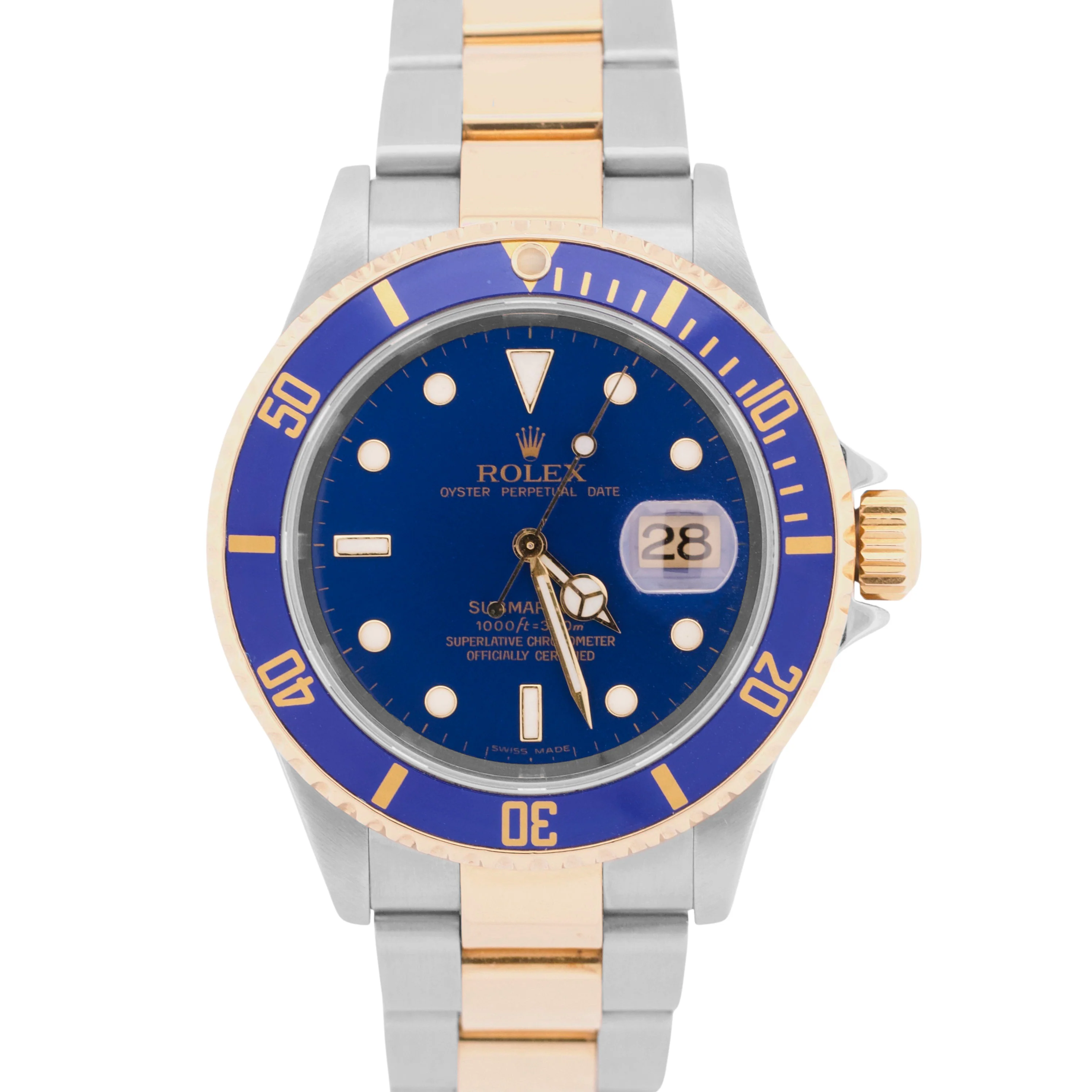 Rolex Submariner Date 40mm BLUE Two-Tone 18K Gold NO-HOLES Steel 16613 Watch