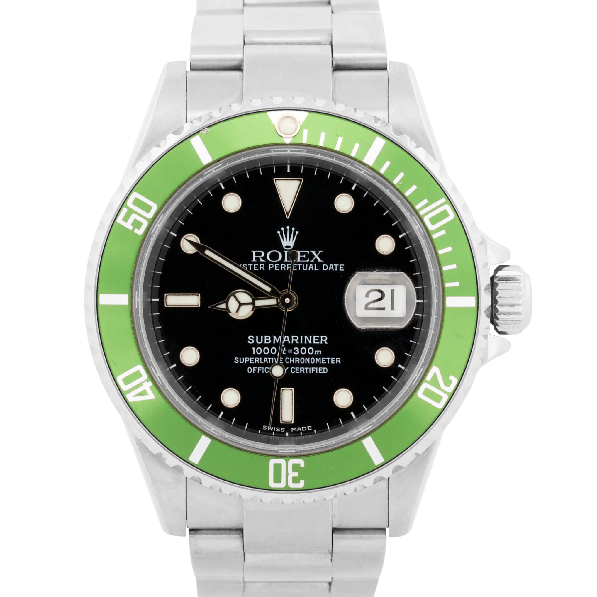 Rolex Submariner Date BLACK Stainless Steel GREEN No-Holes 40mm Watch 16610 LN