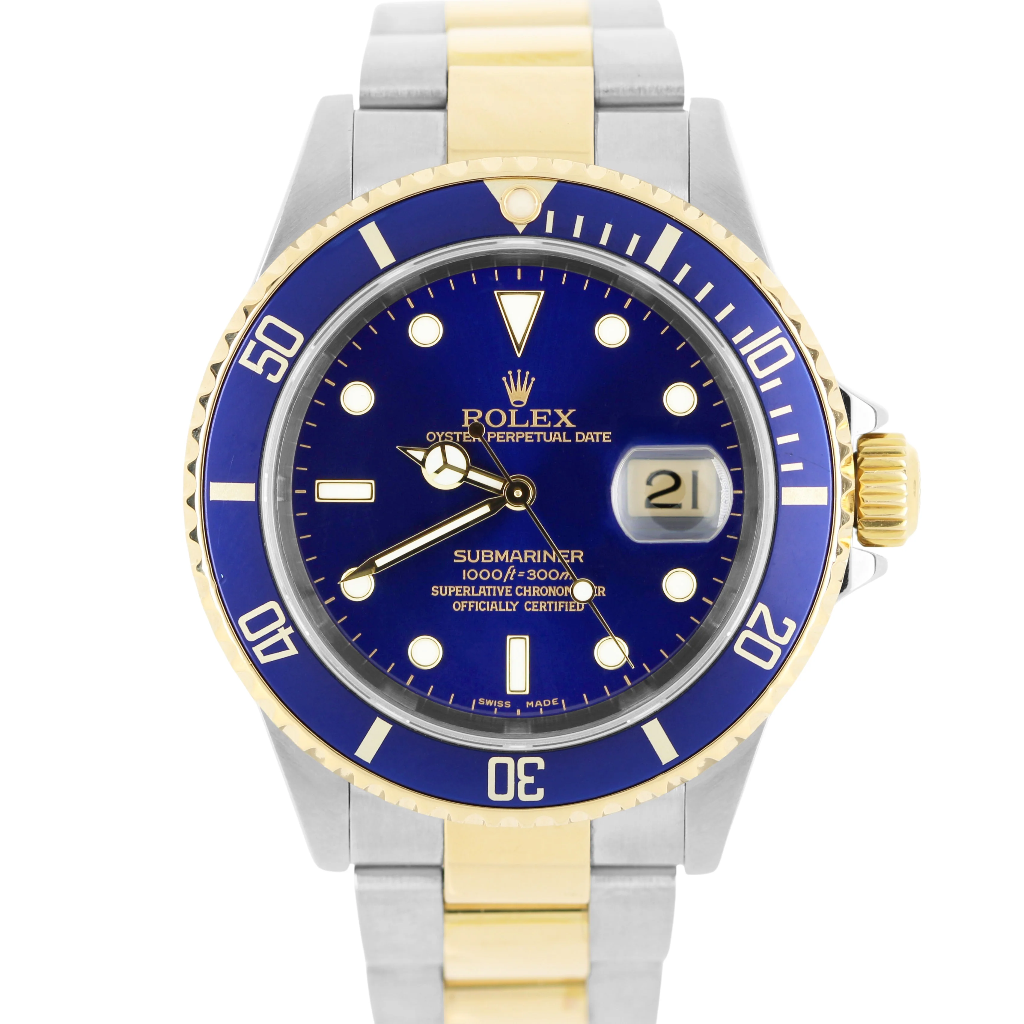 Rolex Submariner Date Two-Tone 18k Gold Steel Blue 40mm 16613 Gold Buckle Watch