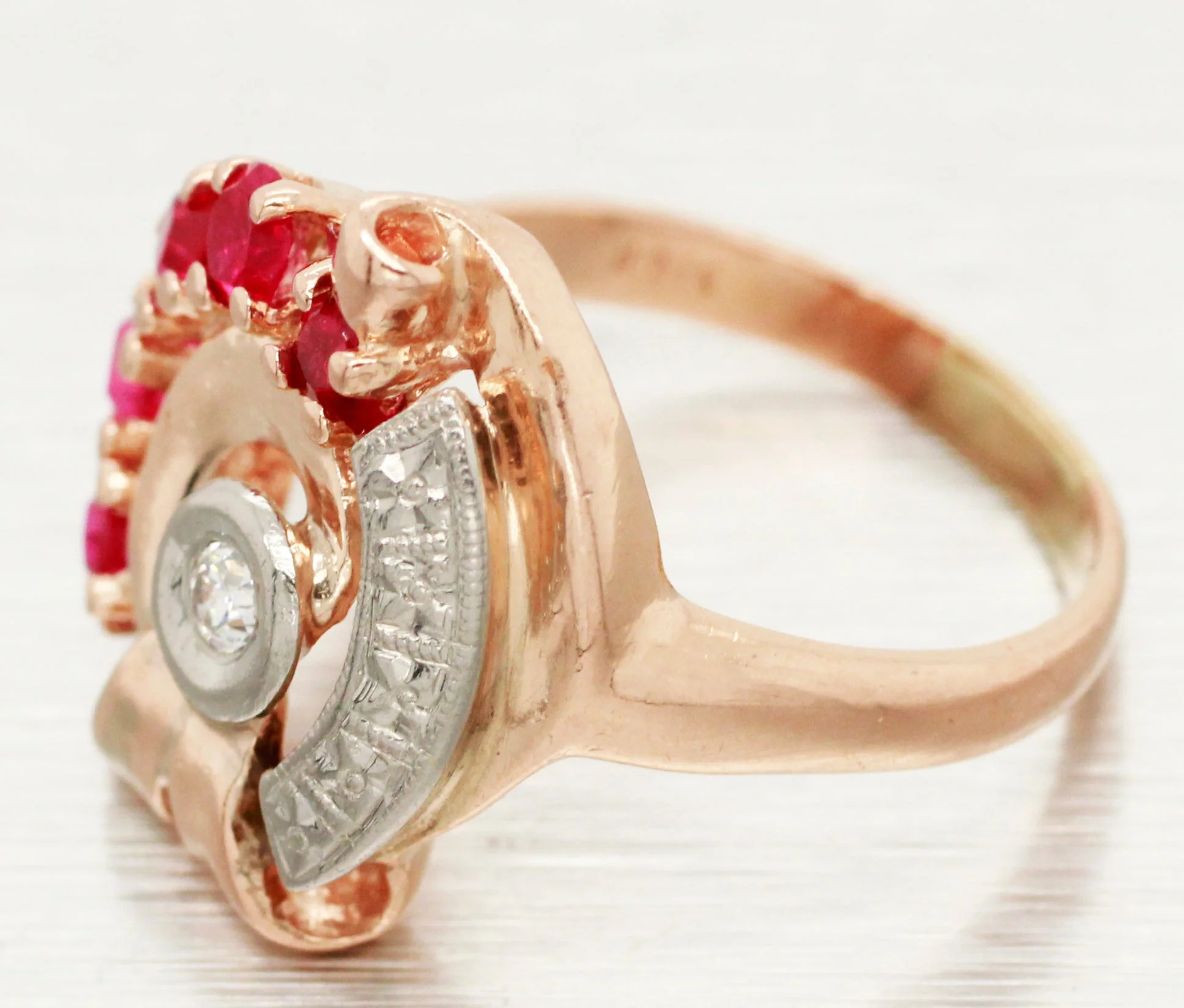 Antique Art Deco 0.50ctw Ruby & Diamond Spiral Cocktail Ring - 14k Rose Gold - Image 2