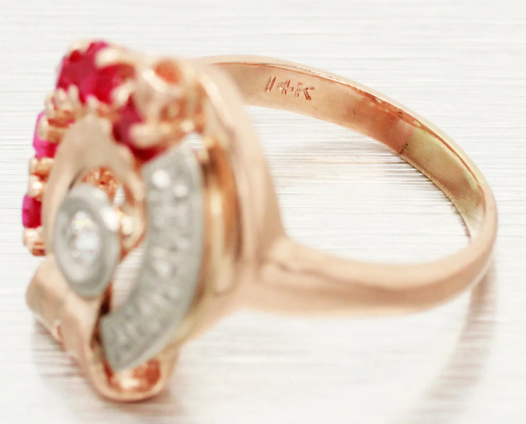 Antique Art Deco 0.50ctw Ruby & Diamond Spiral Cocktail Ring - 14k Rose Gold - Image 3