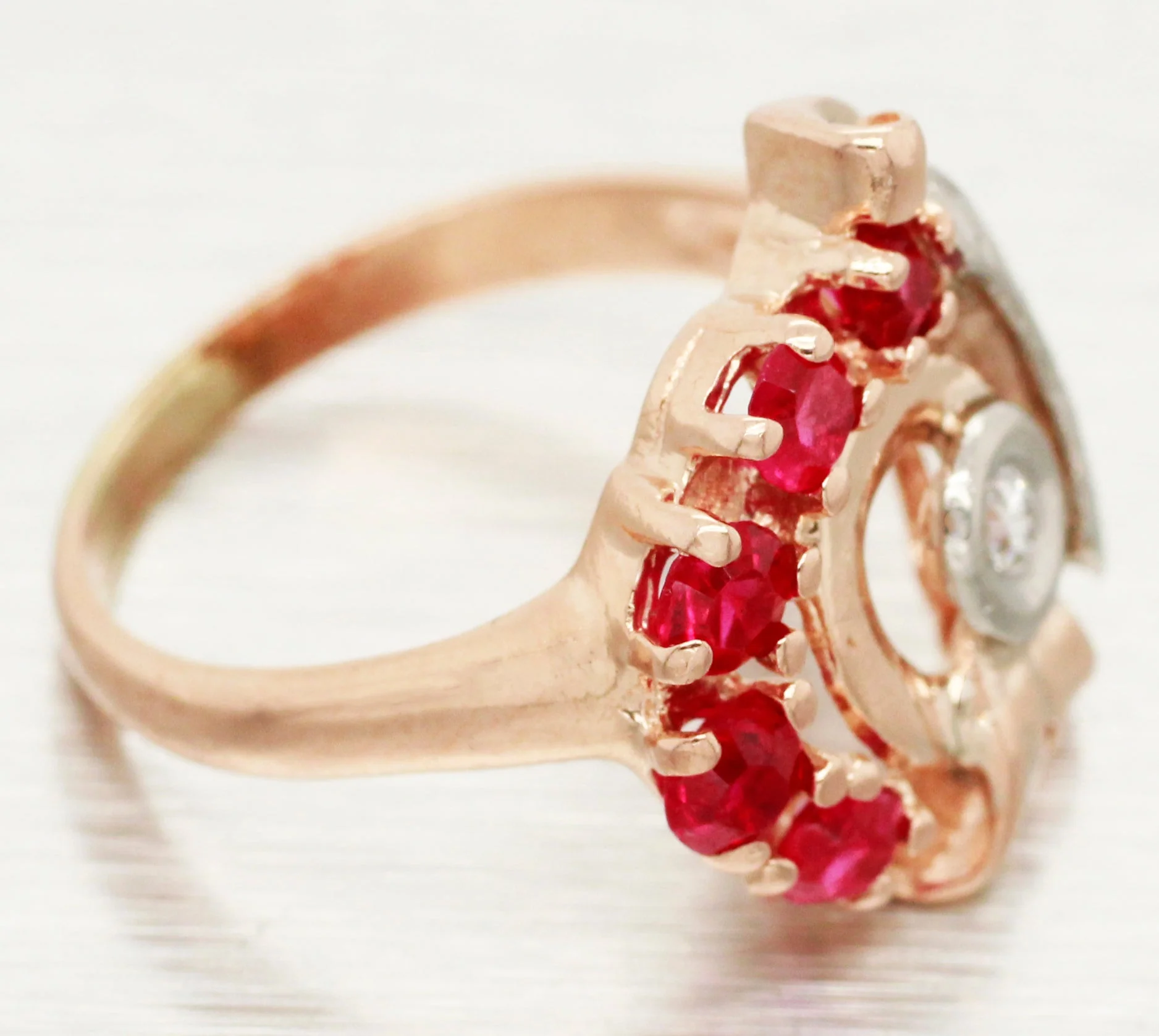 Antique Art Deco 0.50ctw Ruby & Diamond Spiral Cocktail Ring - 14k Rose Gold - Image 4