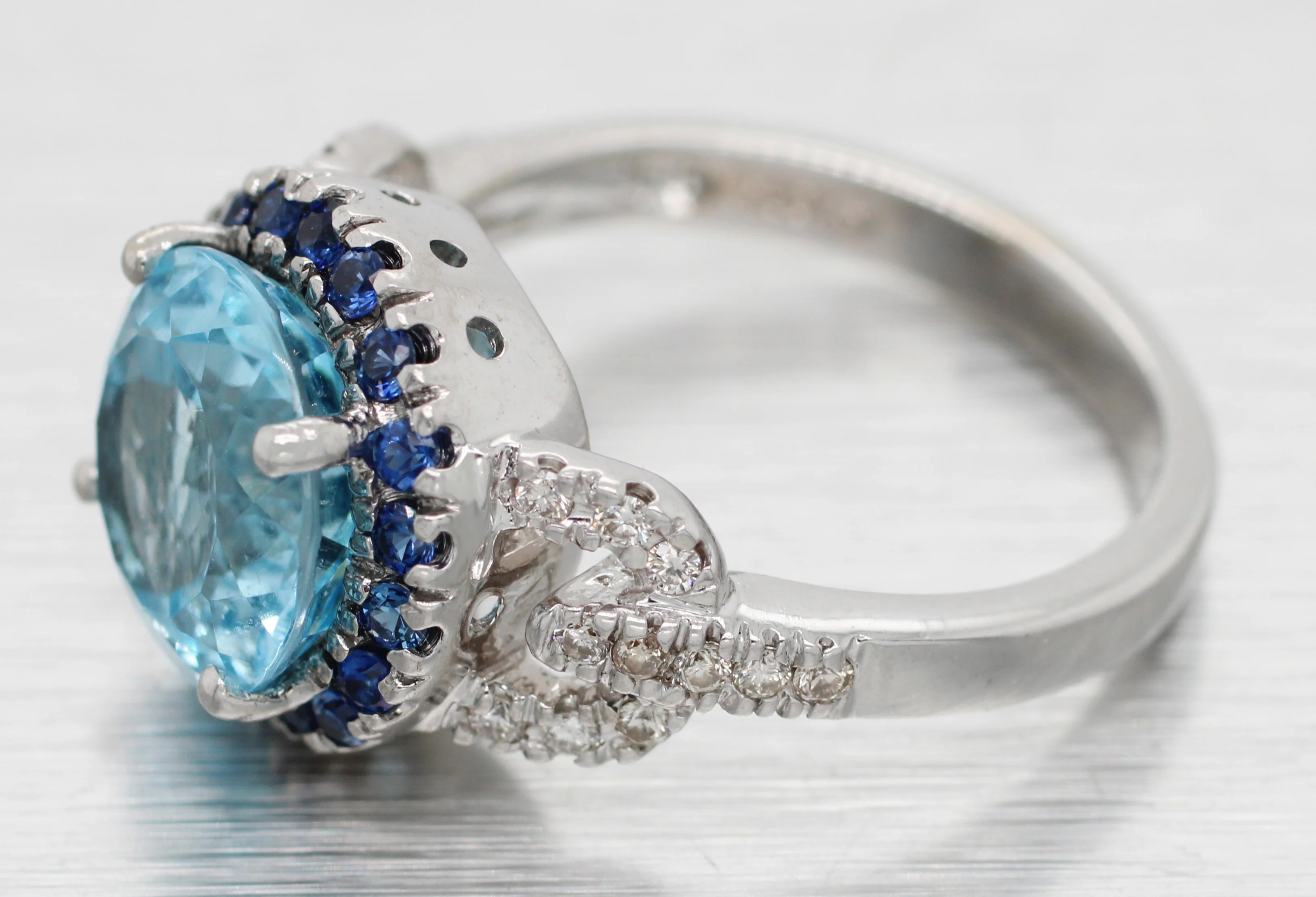 Round Blue Topaz, Sapphire, and Diamond Cocktail Ring - 14k White Gold - Size 7 - Image 2