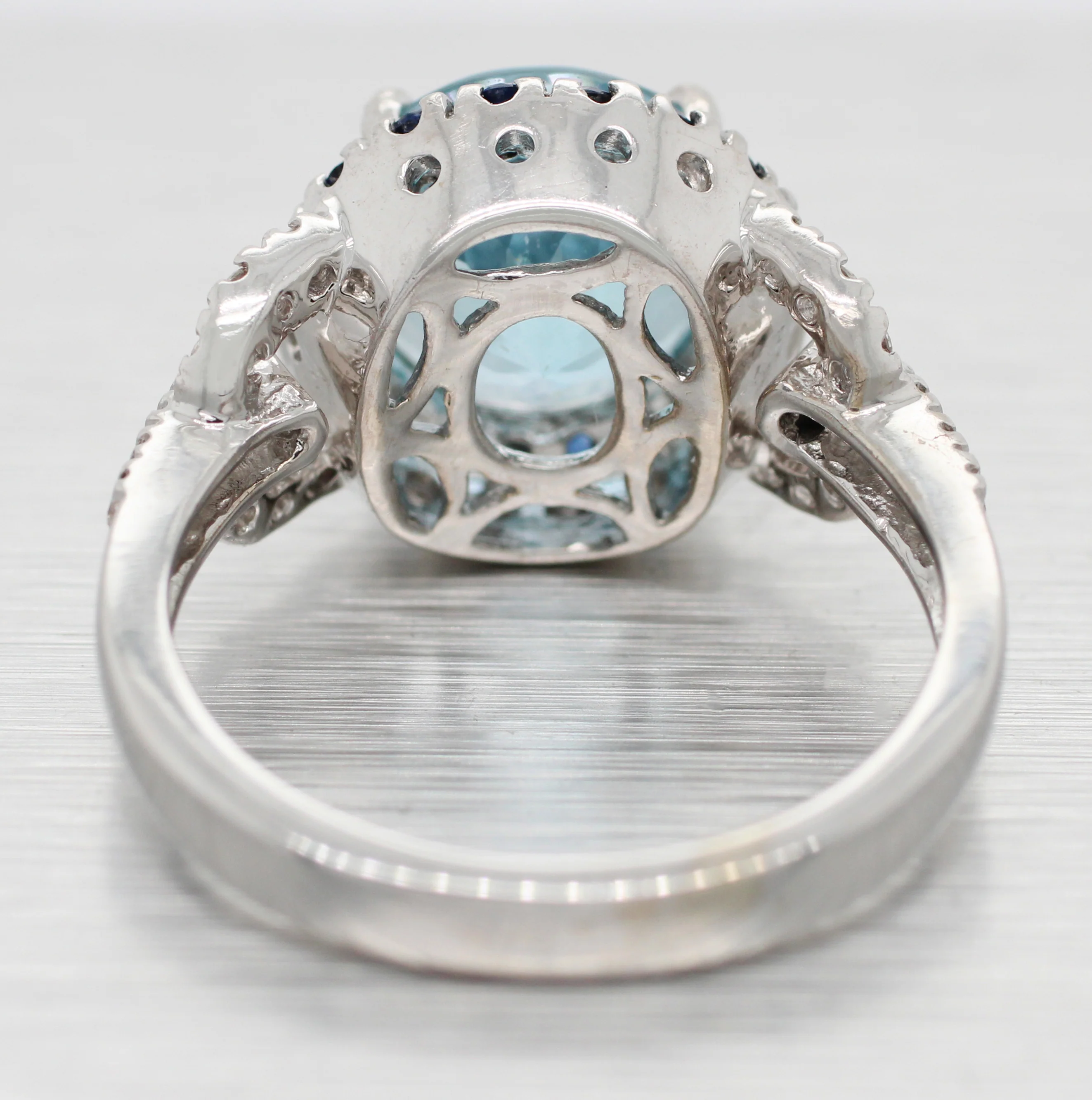 Round Blue Topaz, Sapphire, and Diamond Cocktail Ring - 14k White Gold - Size 7 - Image 5