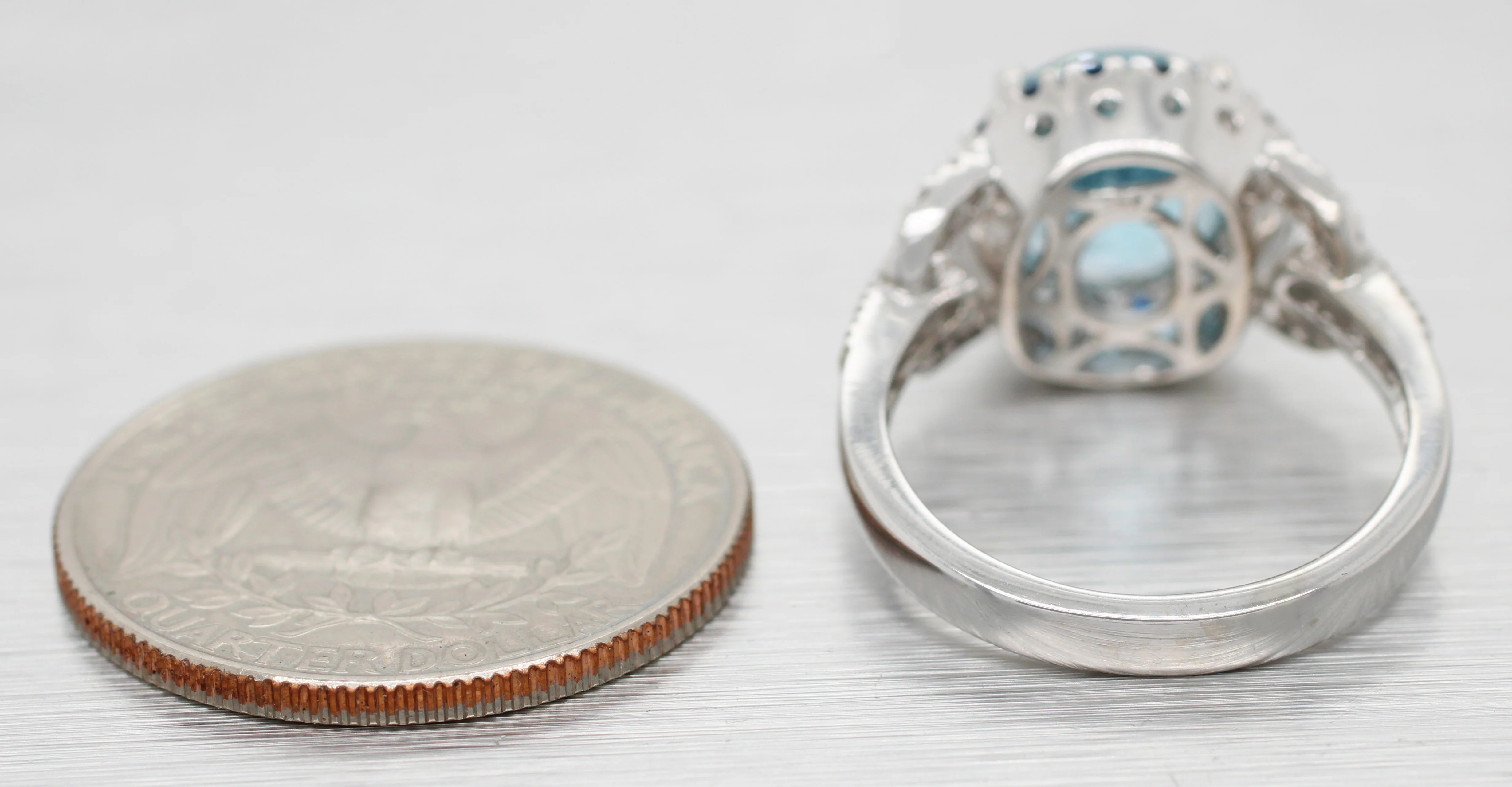 Round Blue Topaz, Sapphire, and Diamond Cocktail Ring - 14k White Gold - Size 7 - Image 6