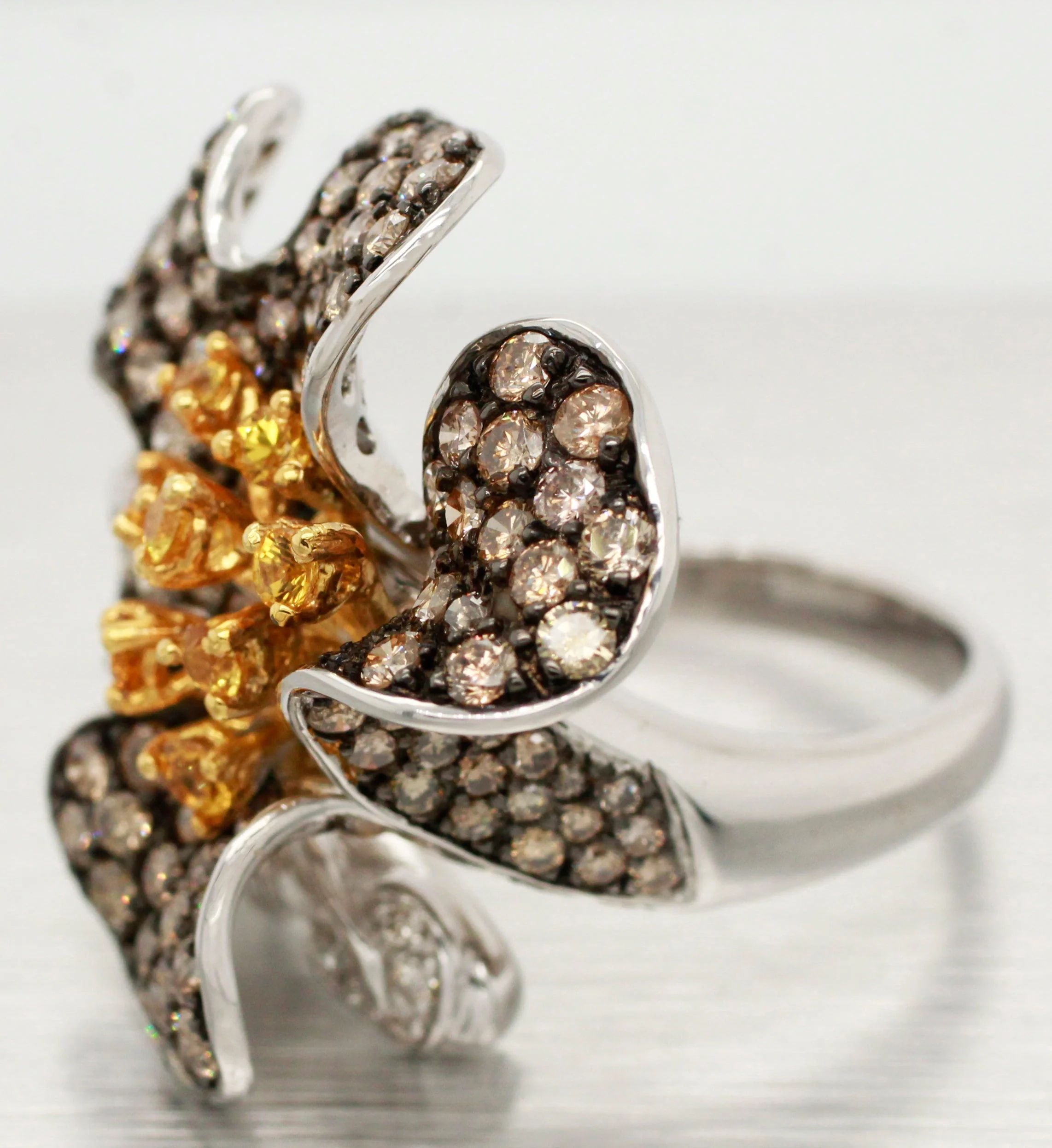 Samuel Benham Citrine & Champagne Diamond Flower Ring - 14k White Gold - Image 2