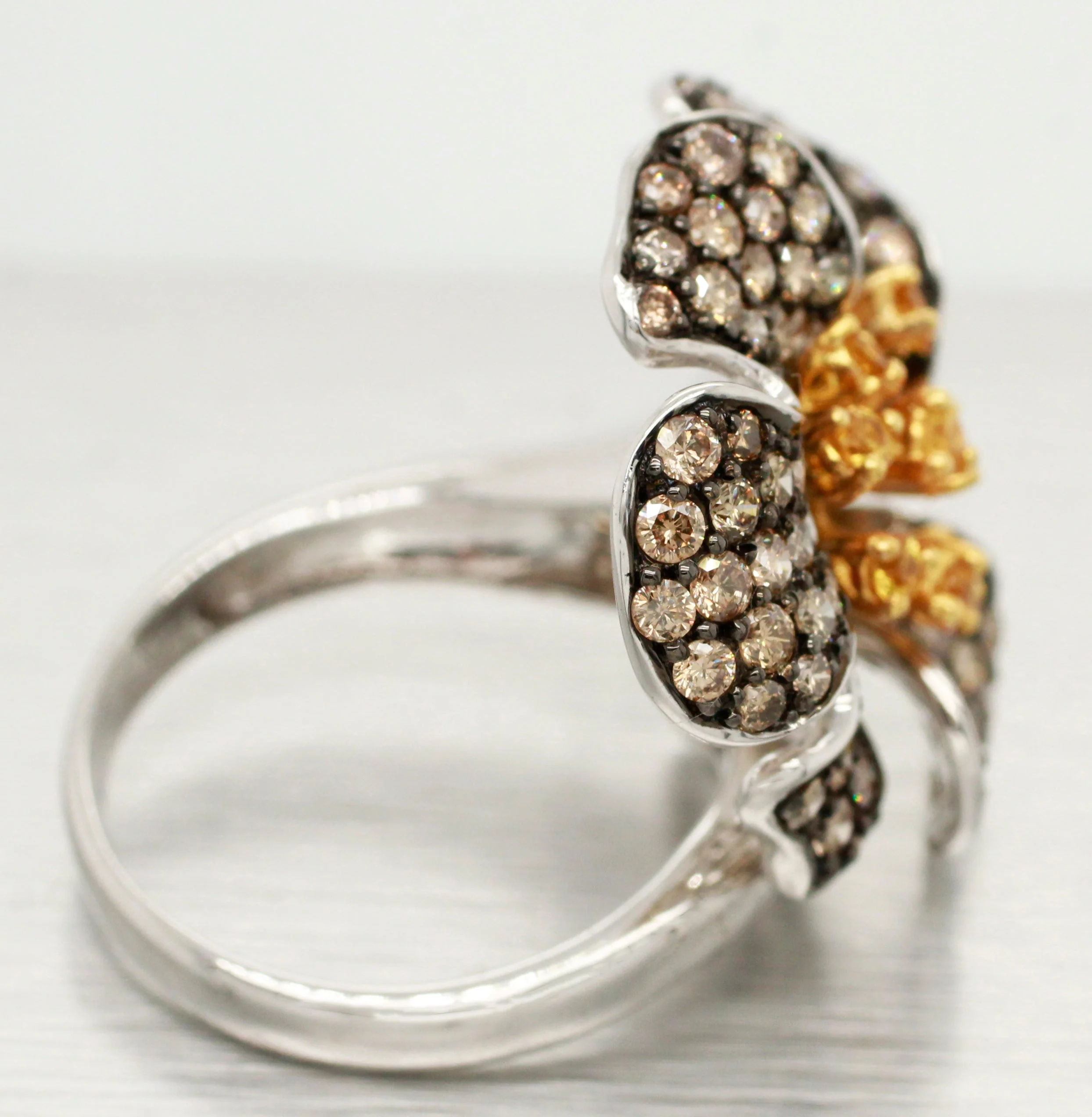 Samuel Benham Citrine & Champagne Diamond Flower Ring - 14k White Gold - Image 3