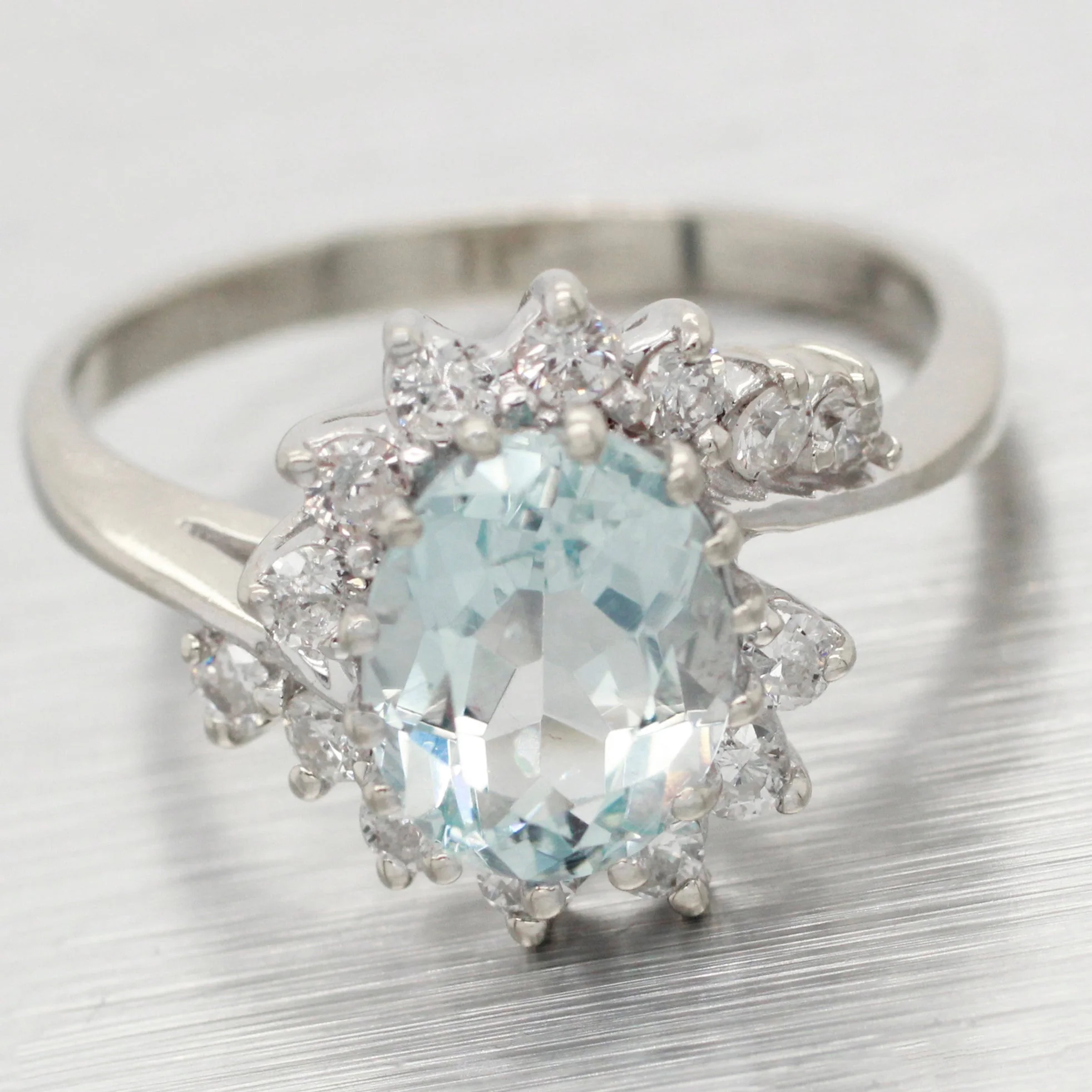 Vintage 1.15ct Aquamarine & Diamond Cocktail Ring - 14k White Gold Split Shank