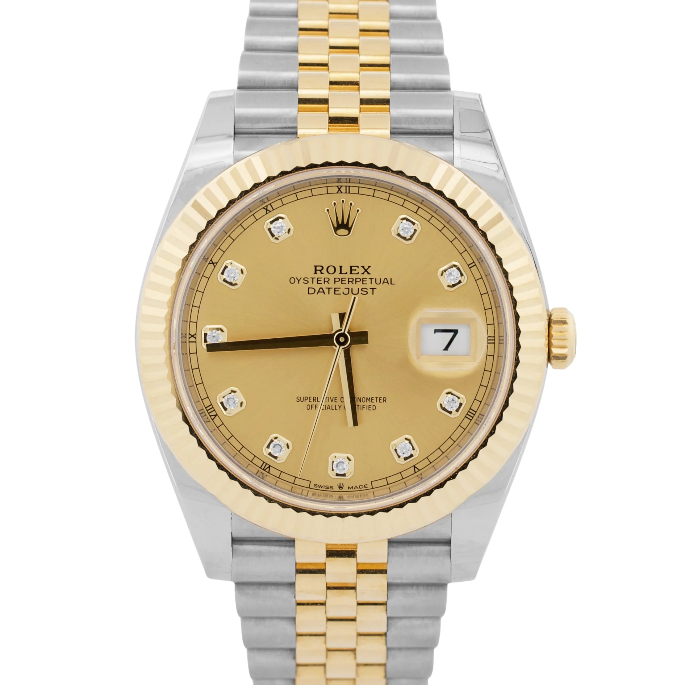 STICKERED 2022 PAPERS Rolex DateJust CHAMPAGNE DIAMOND 18K Steel 41mm 126333 BOX