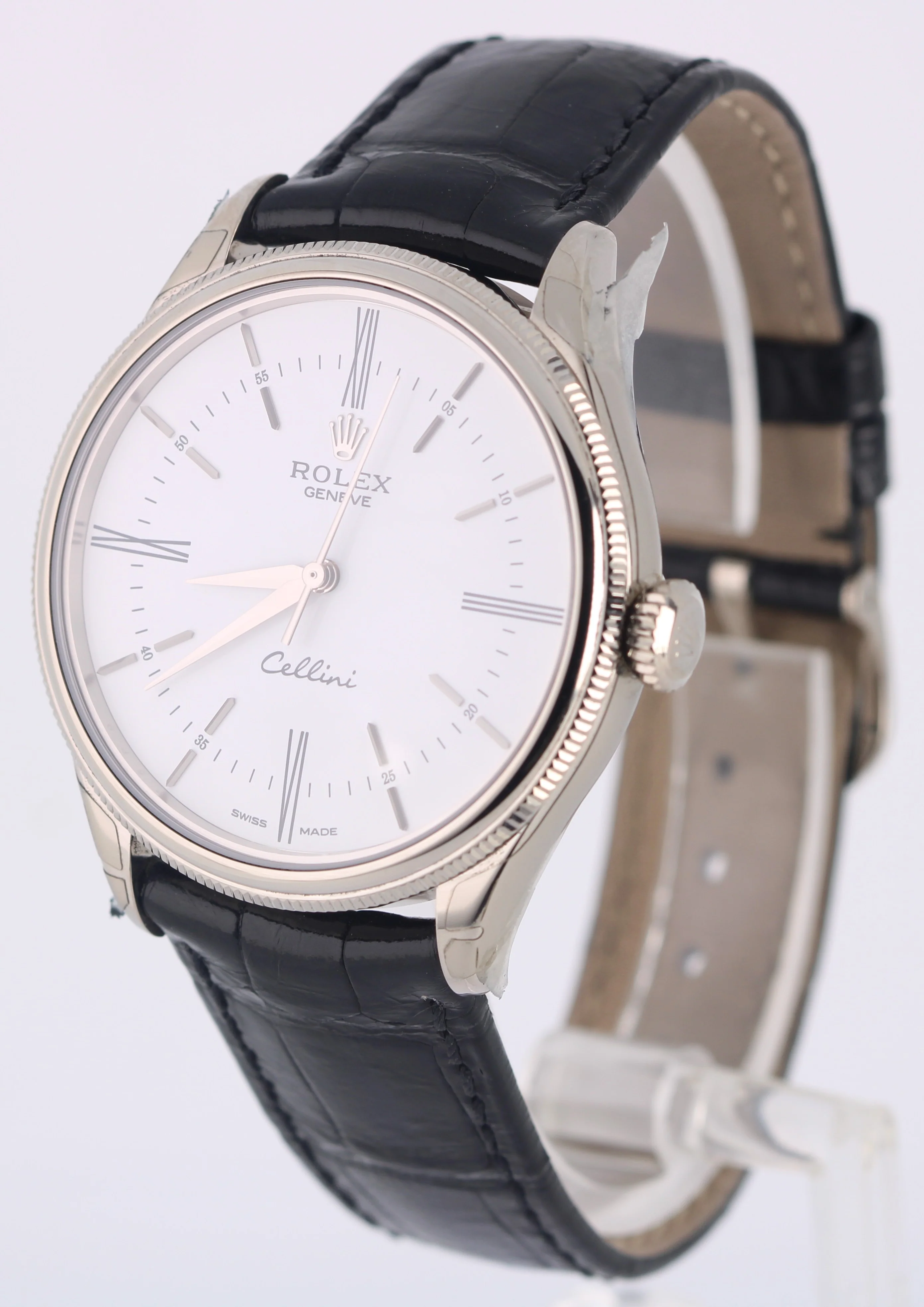 STICKERED Rolex Cellini 18K White Gold White 39mm Black Leather 50509 Watch - Image 3