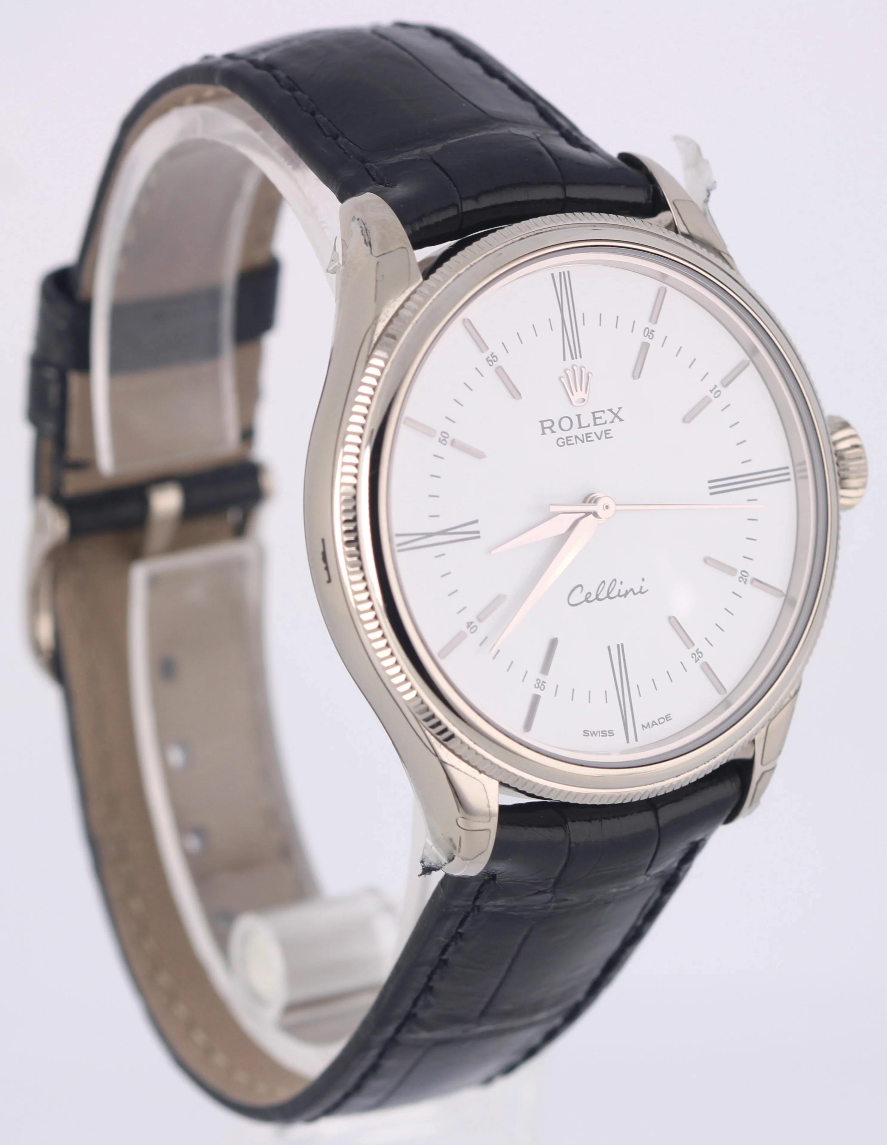 STICKERED Rolex Cellini 18K White Gold White 39mm Black Leather 50509 Watch - Image 4