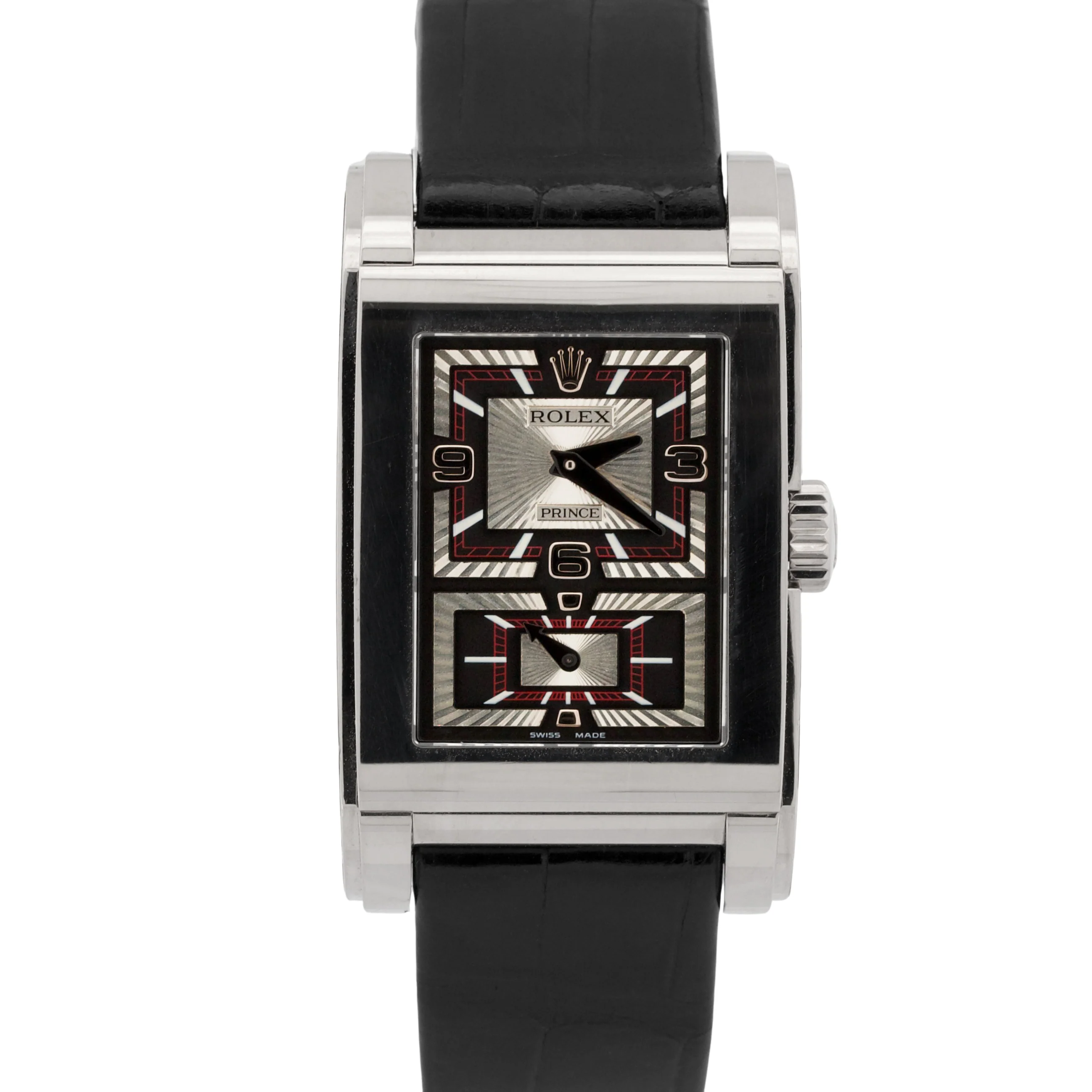 STICKERED Rolex Cellini Prince Dual Time BLACK 18K Gold 38mm x 28mm 5443/9 BOX