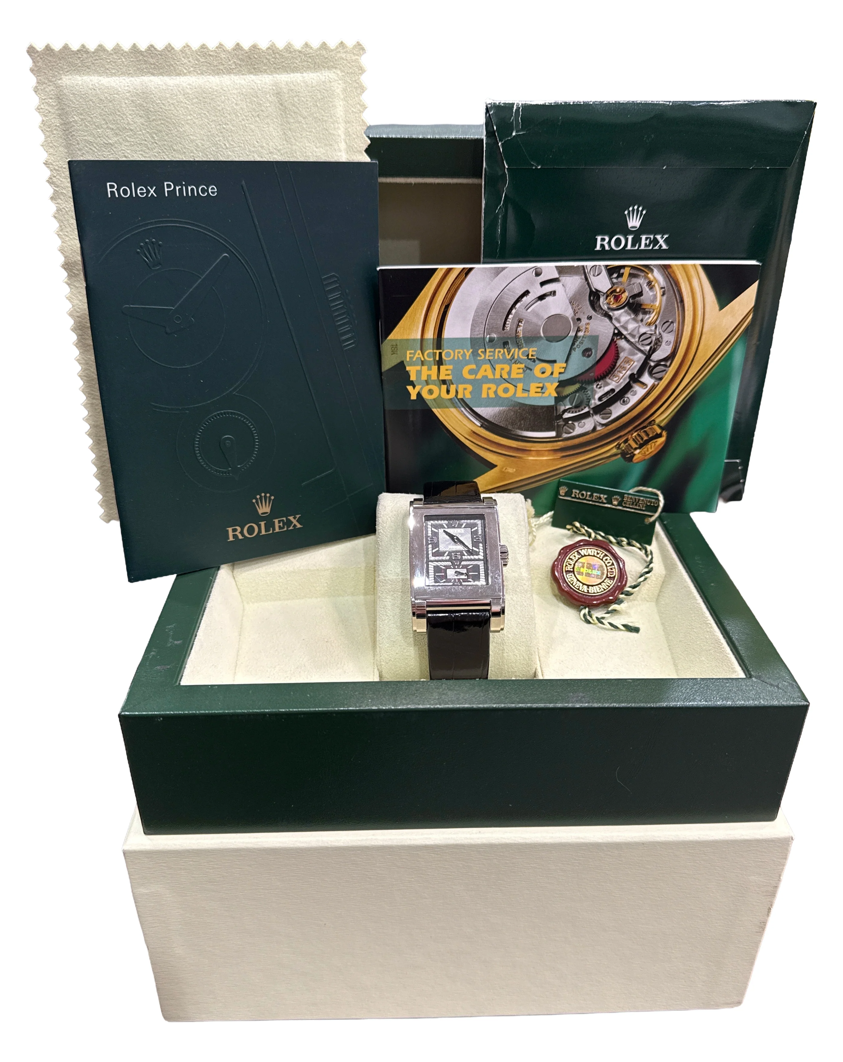 STICKERED Rolex Cellini Prince Dual Time BLACK 18K Gold 38mm x 28mm 5443/9 BOX - Image 2