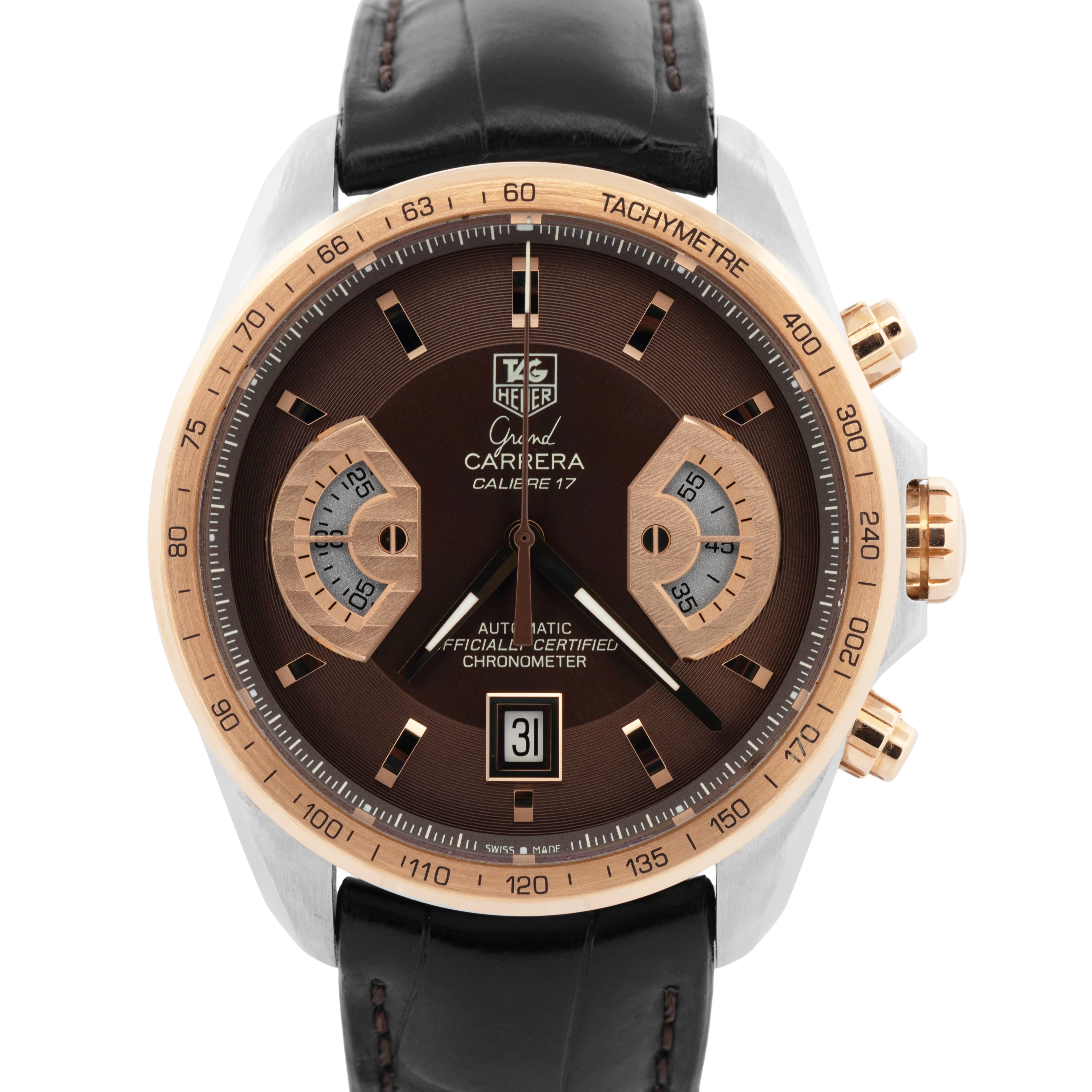 Tag Heuer Grand Carrera Brown 43mm Chrono Rose Gold Steel Watch CAV515C.FC6225