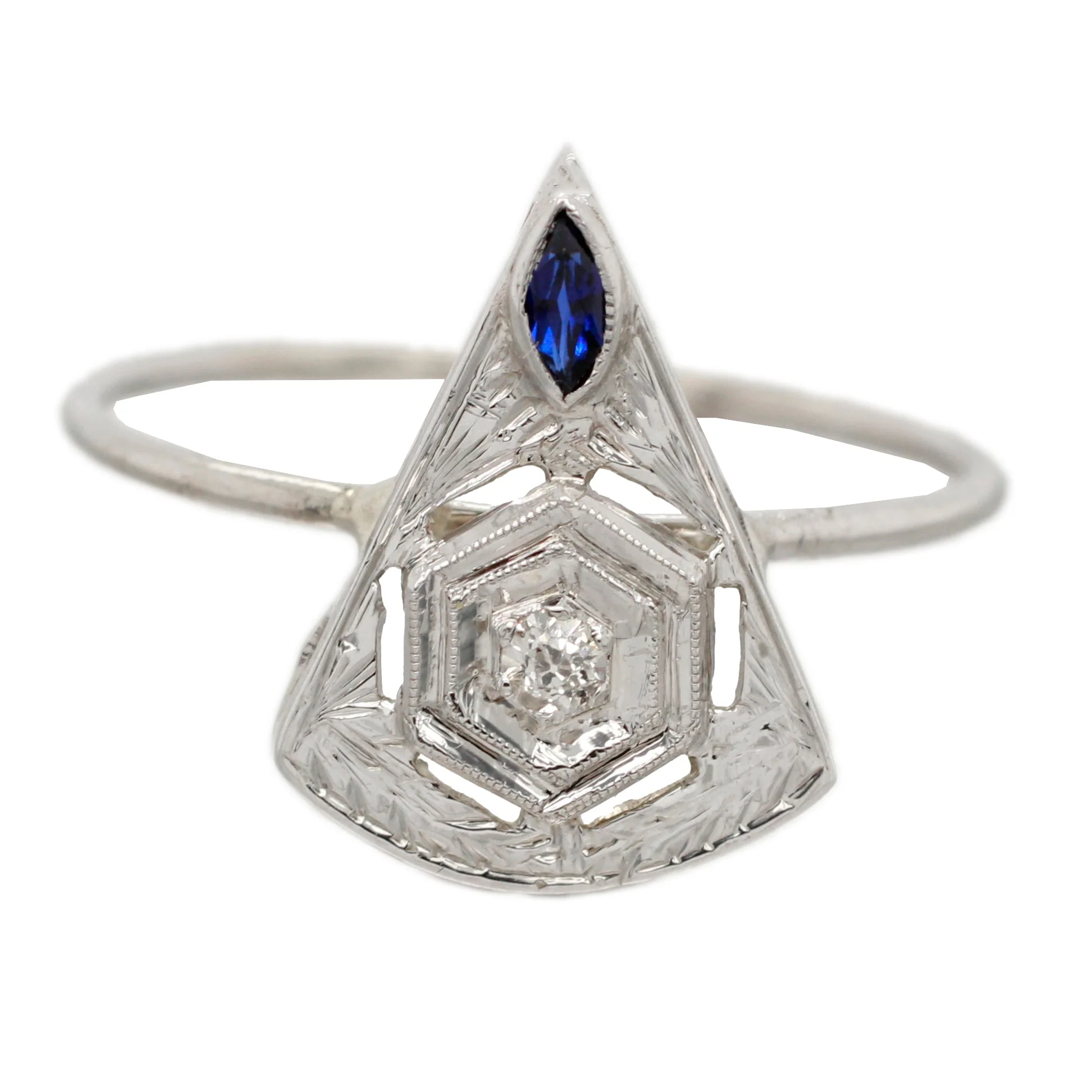 Antique Art Deco Diamond/Sapphire Triangle Pin Conversion Ring - 14k White Gold