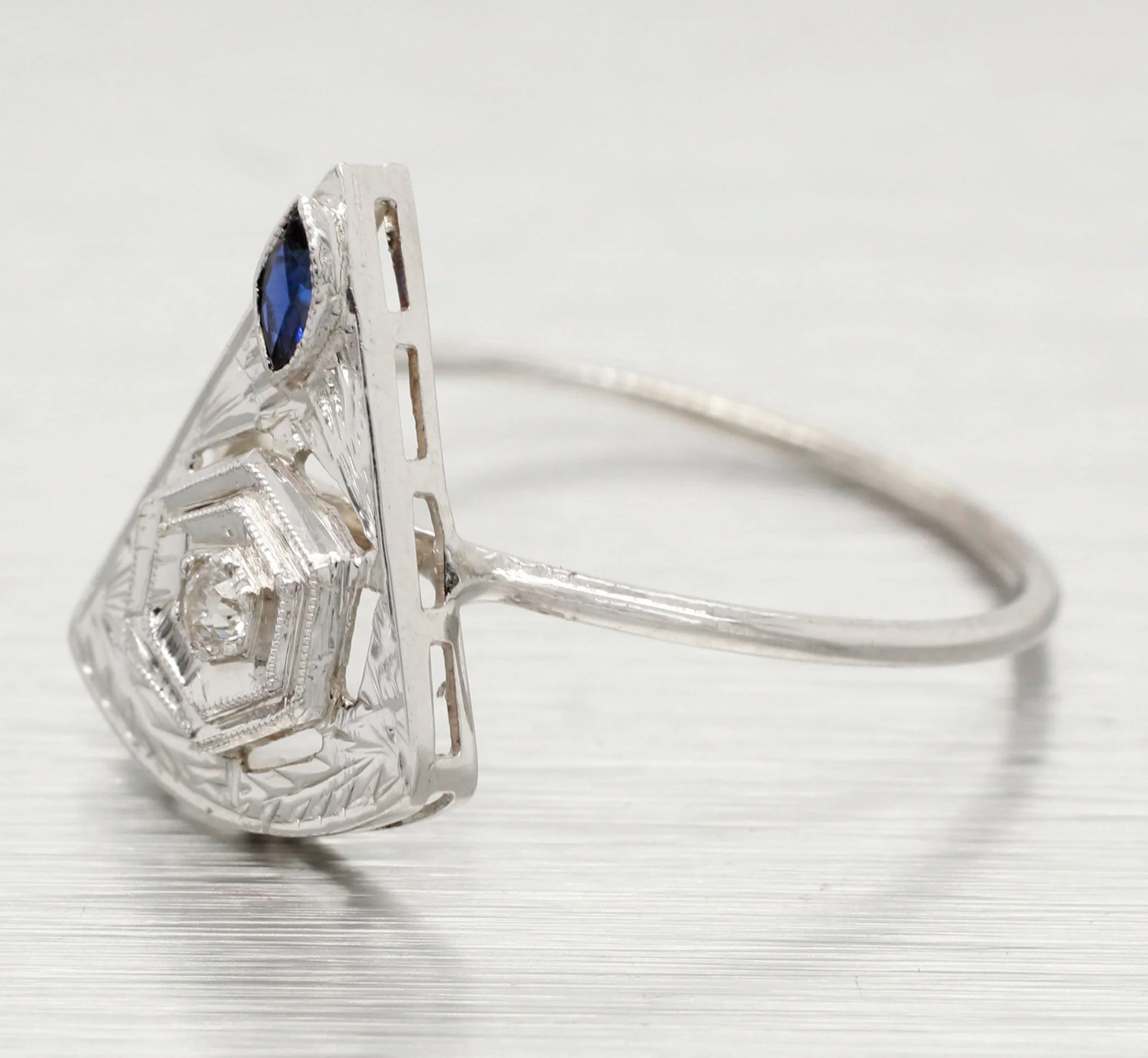 Antique Art Deco Diamond/Sapphire Triangle Pin Conversion Ring - 14k White Gold - Image 2