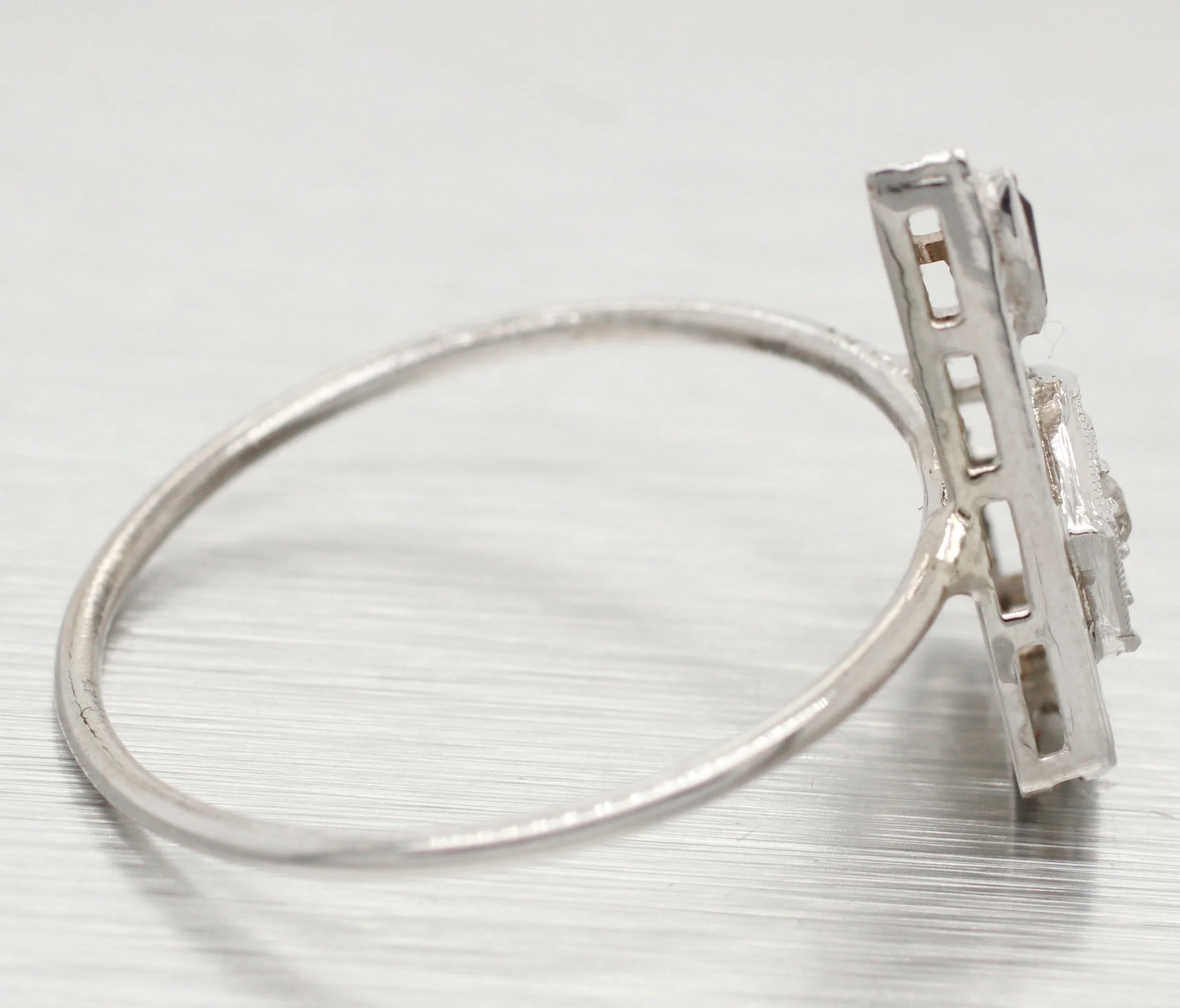 Antique Art Deco Diamond/Sapphire Triangle Pin Conversion Ring - 14k White Gold - Image 3