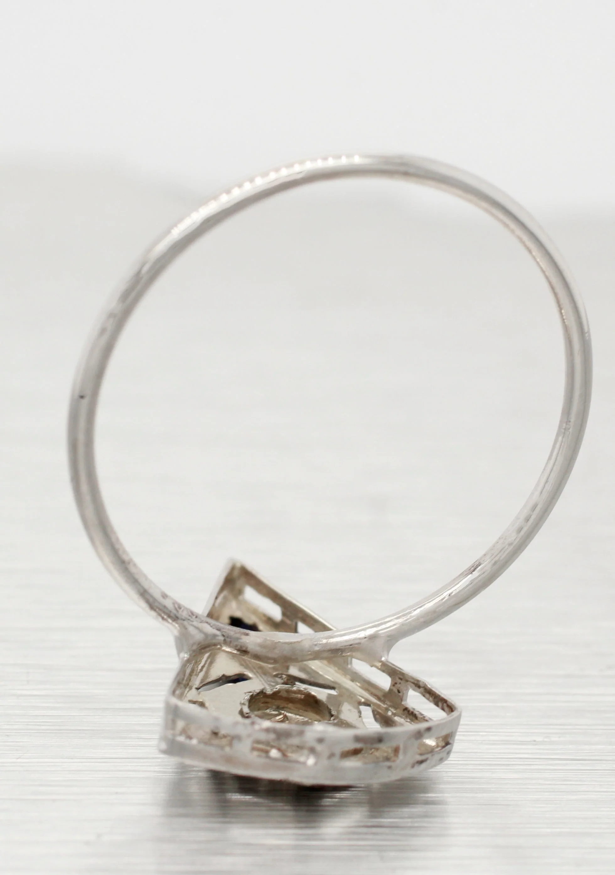 Antique Art Deco Diamond/Sapphire Triangle Pin Conversion Ring - 14k White Gold - Image 5