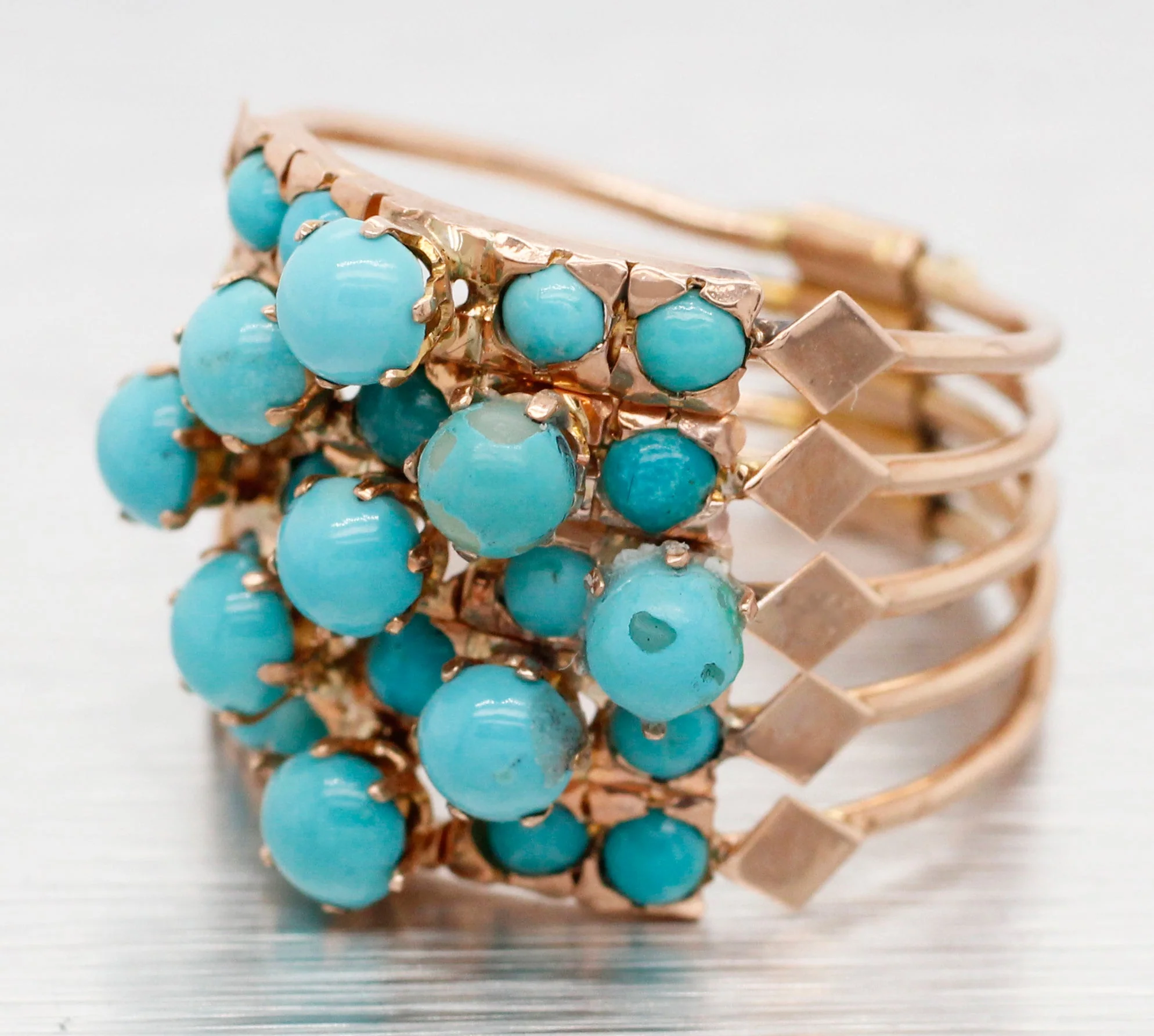 Victorian Turquoise Harem Ring - 14k Yellow Gold; Five Band Ring - Image 2