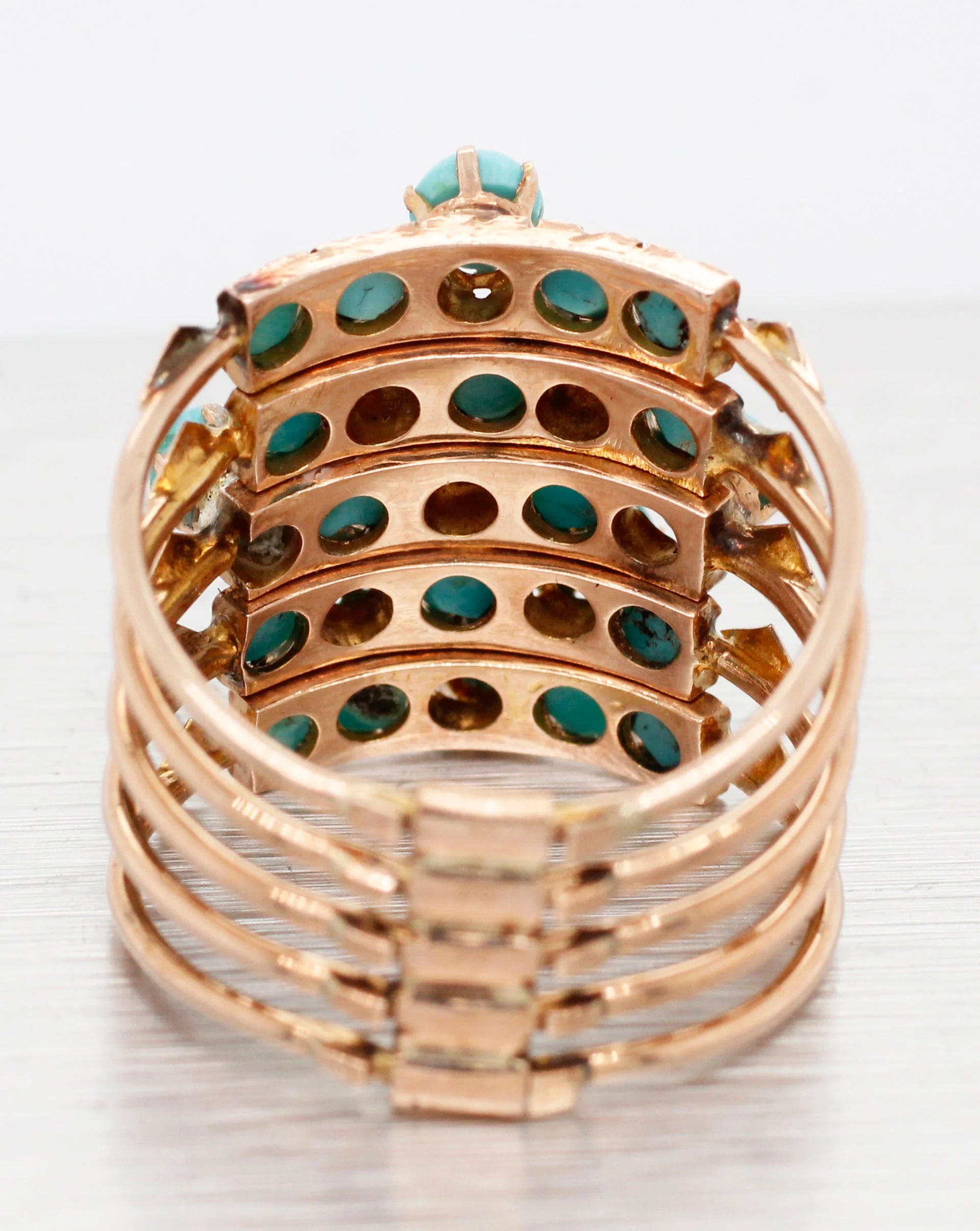 Victorian Turquoise Harem Ring - 14k Yellow Gold; Five Band Ring - Image 4