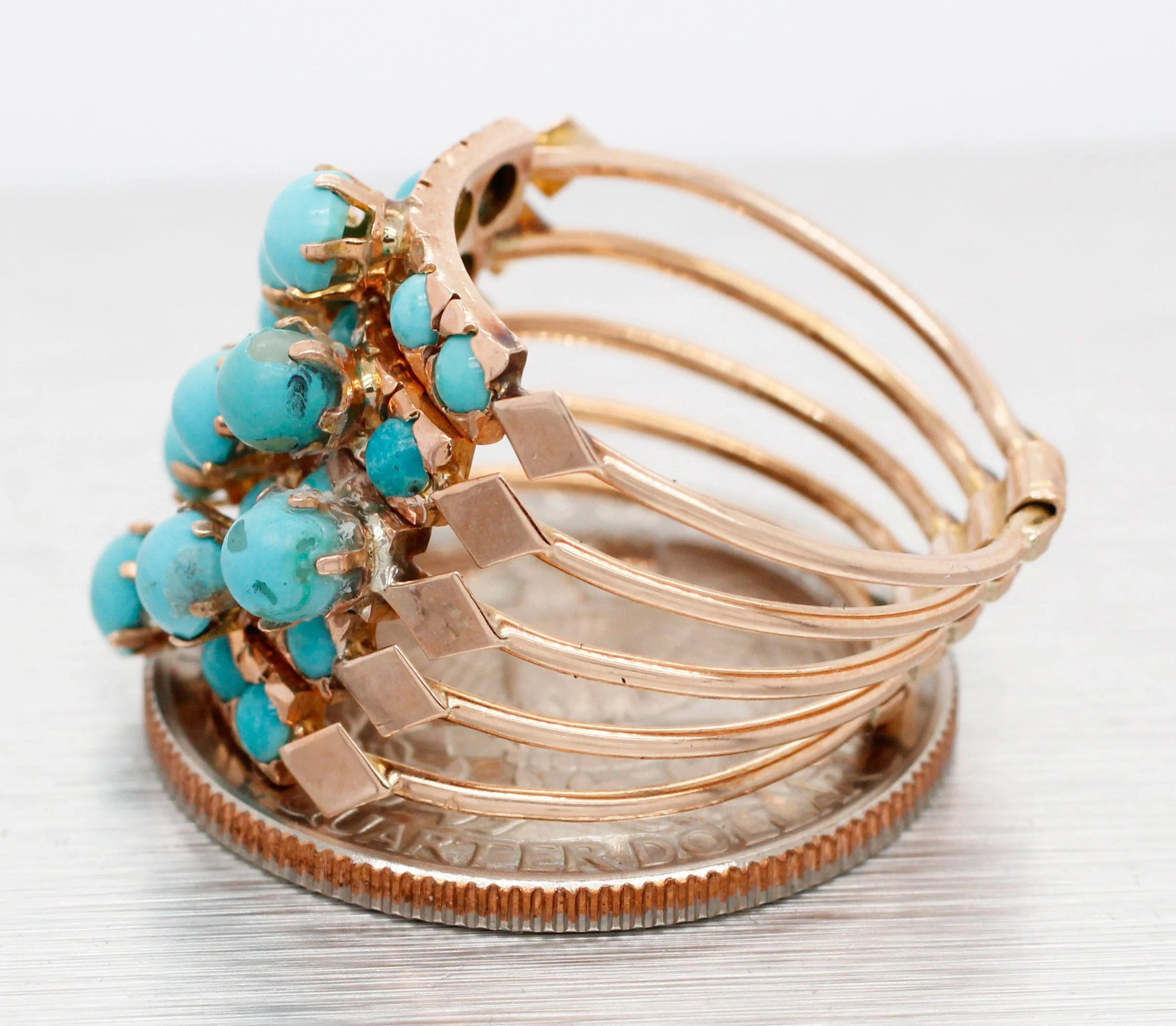 Victorian Turquoise Harem Ring - 14k Yellow Gold; Five Band Ring - Image 5