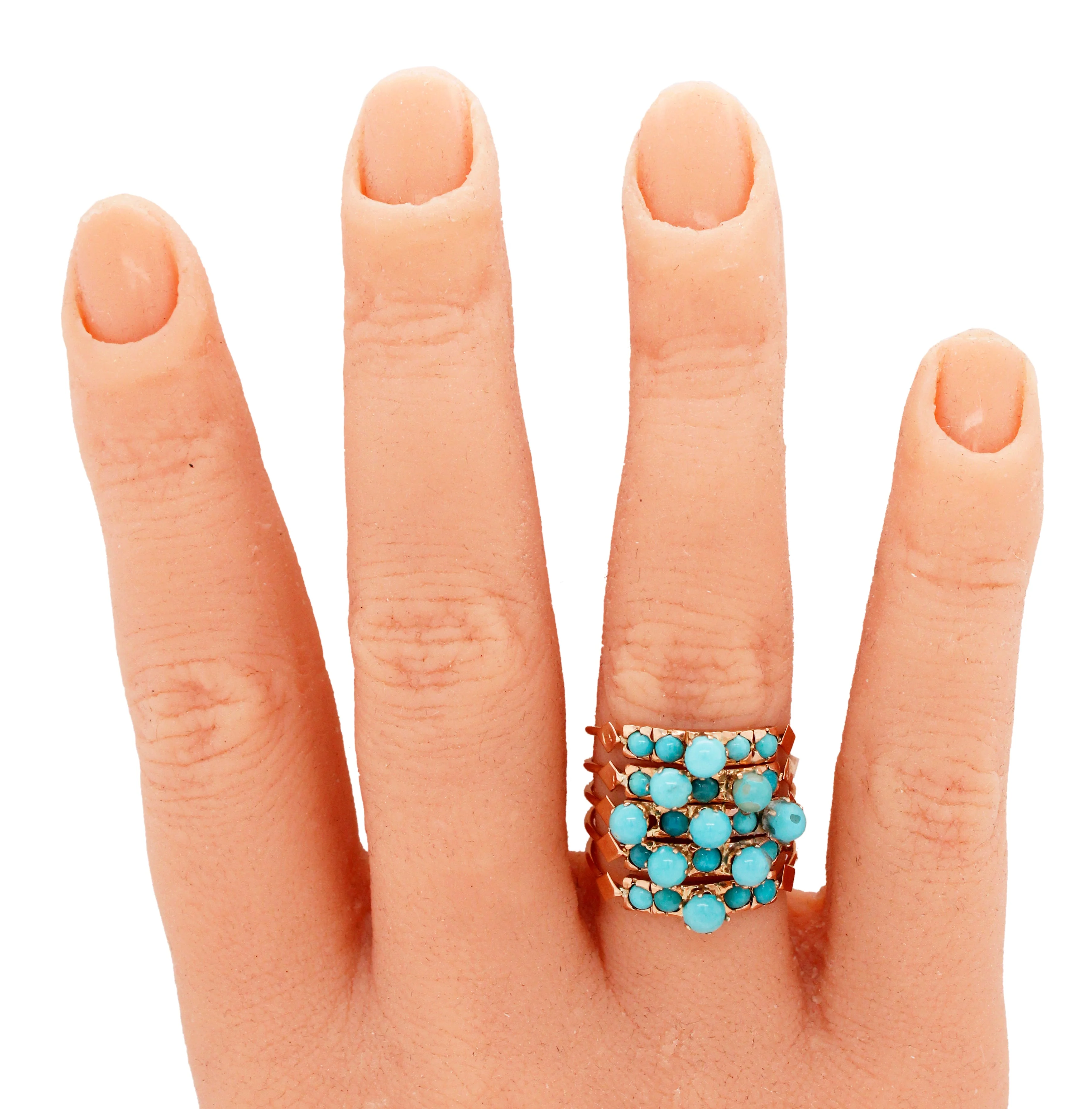 Victorian Turquoise Harem Ring - 14k Yellow Gold; Five Band Ring - Image 6