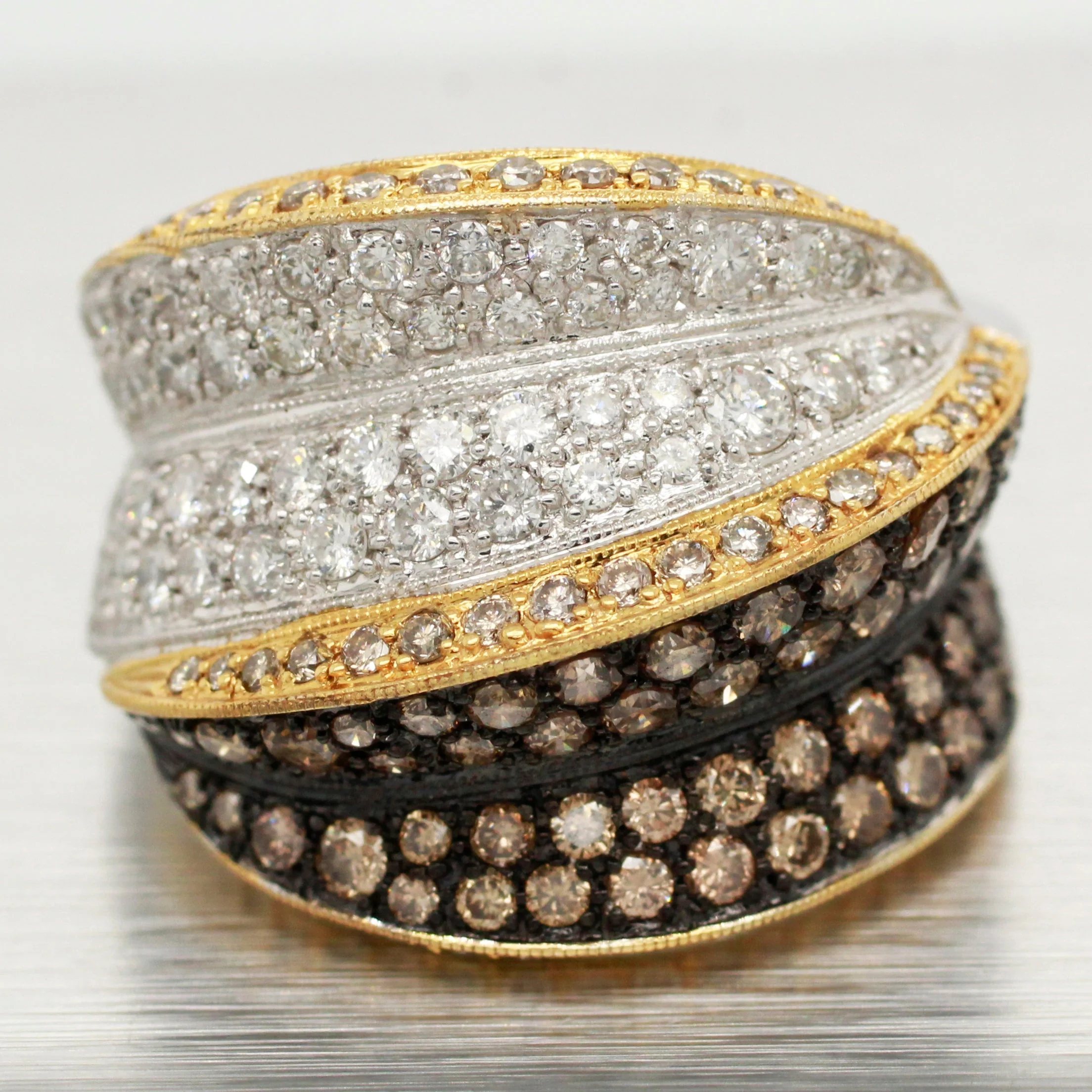 Modern Two-Tone Brown Champagne & White Diamond Cocktail Ring - 18k Yellow/White Gold Band