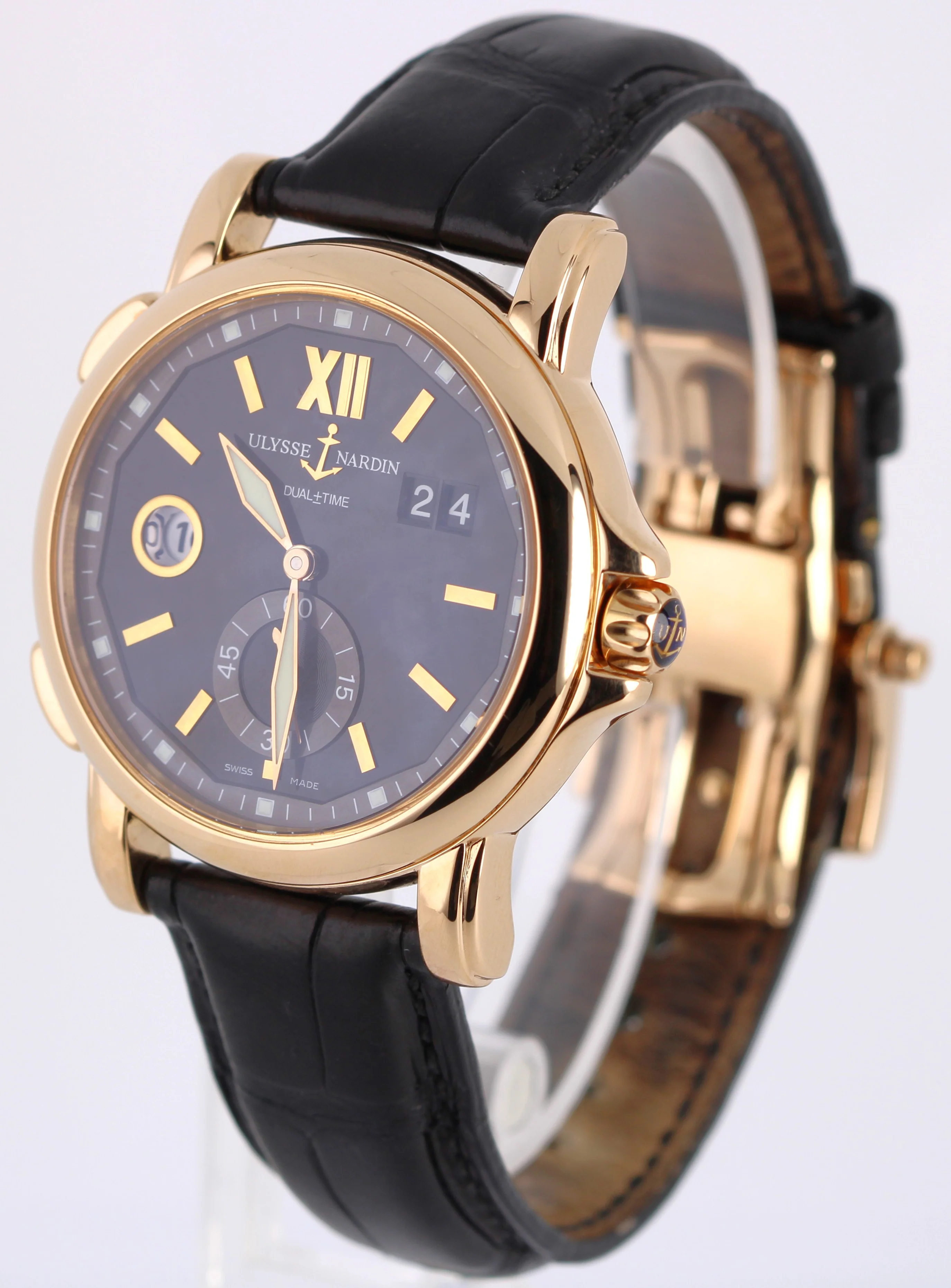 Ulysse Nardin GMT Dual-Time 18k Rose Gold Black 42mm 246-55 Leather Watch - Image 3