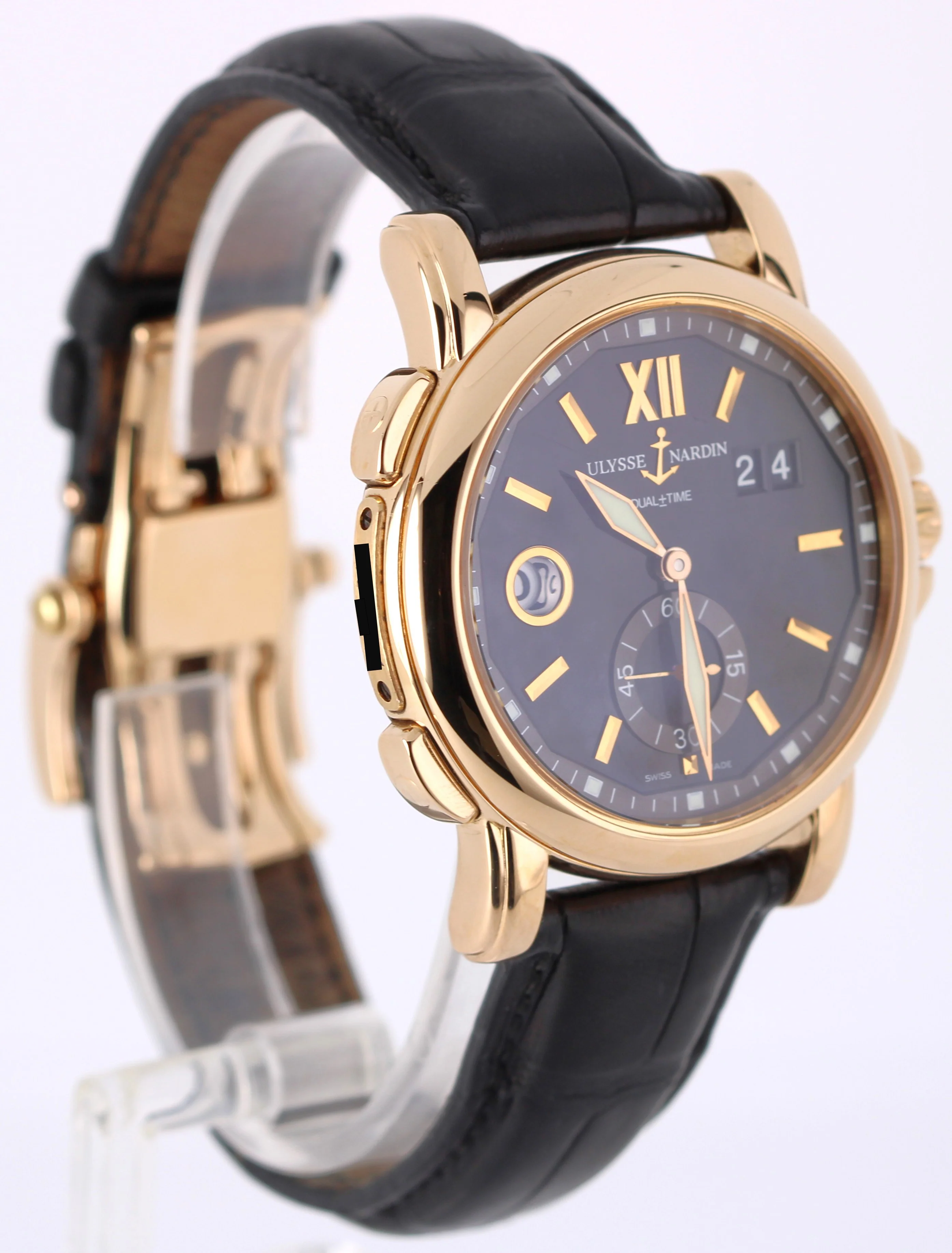 Ulysse Nardin GMT Dual-Time 18k Rose Gold Black 42mm 246-55 Leather Watch - Image 4