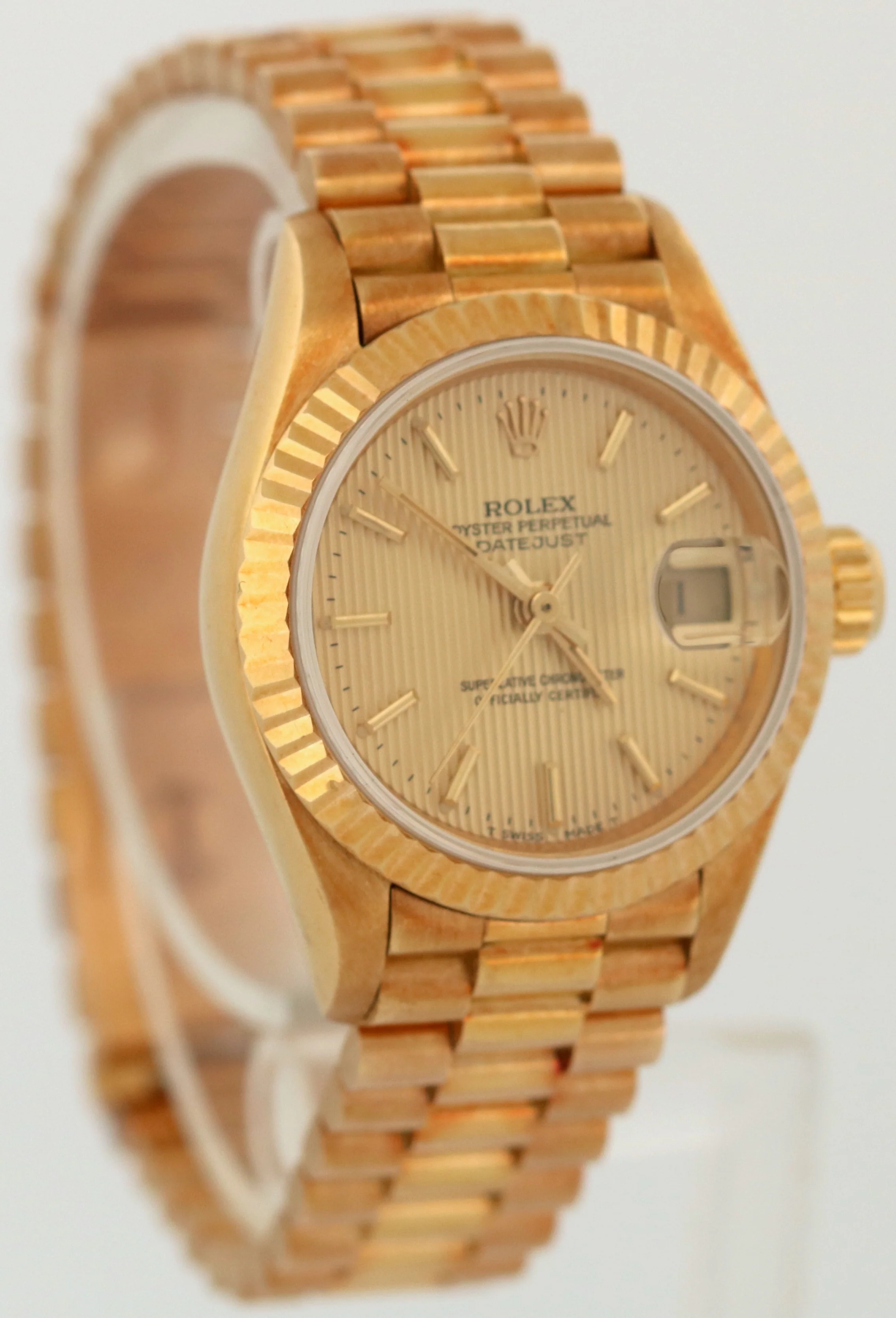 UNPOLISHED Ladies Rolex DateJust President 26mm CHAMPAGNE TAPESTRY 18K 69178 - Image 4