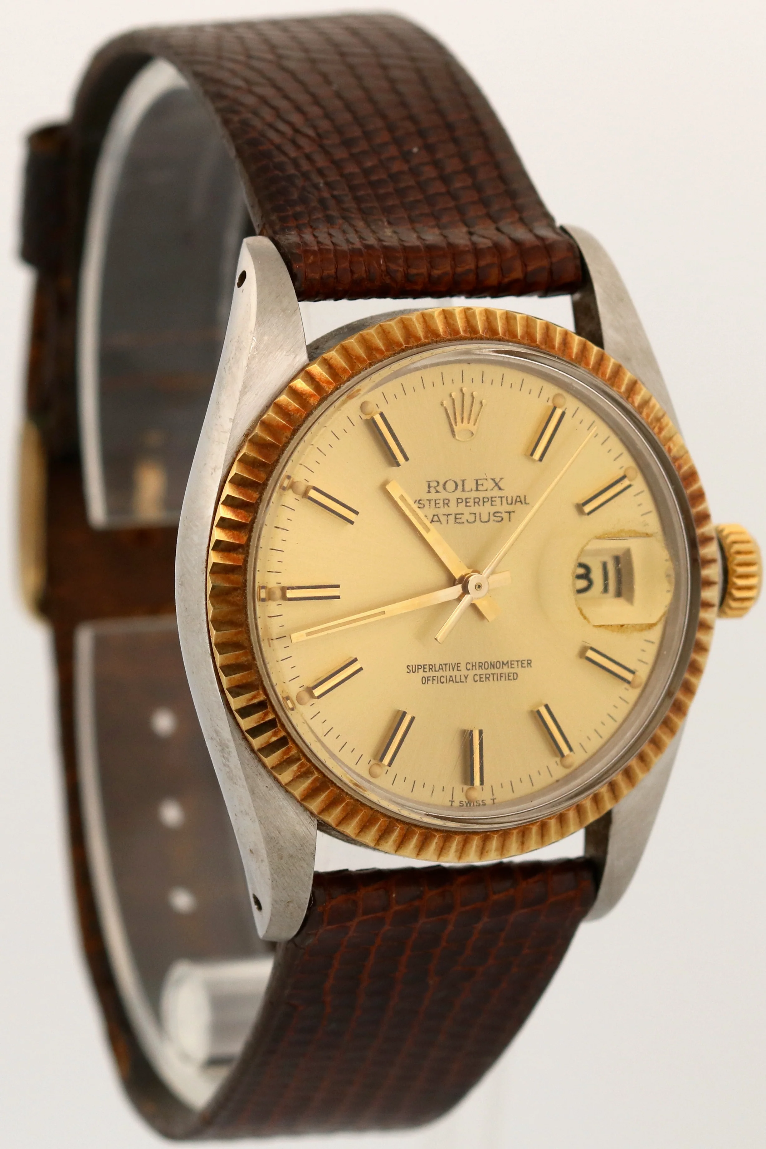 UNPOLISHED Rolex DateJust 36mm CHAMPAGNE 18K Gold Steel Fluted Leather 16013 - Image 4