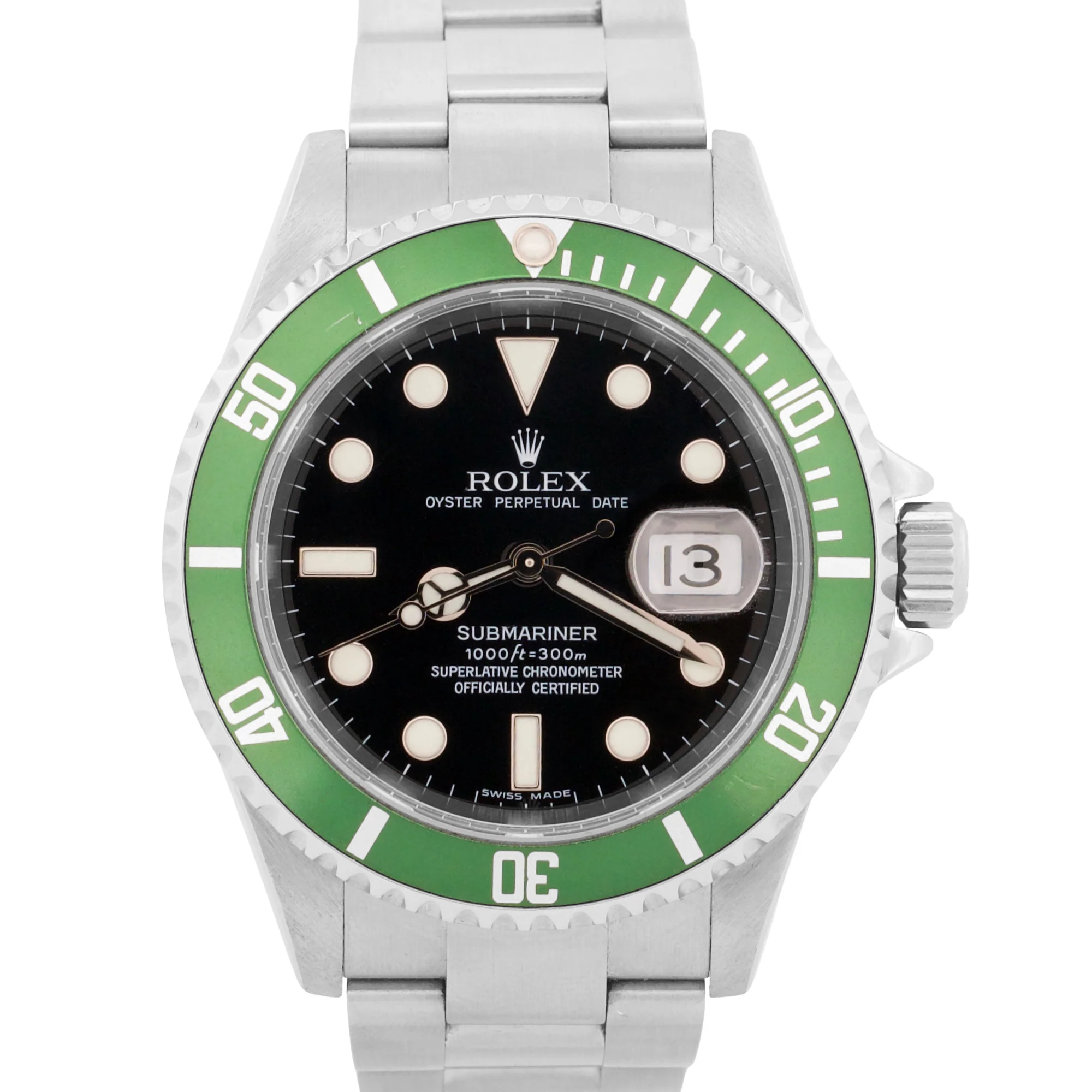 UNPOLISHED Rolex Submariner Date BLACK Steel KERMIT Green No-Holes 40mm 16610 LV