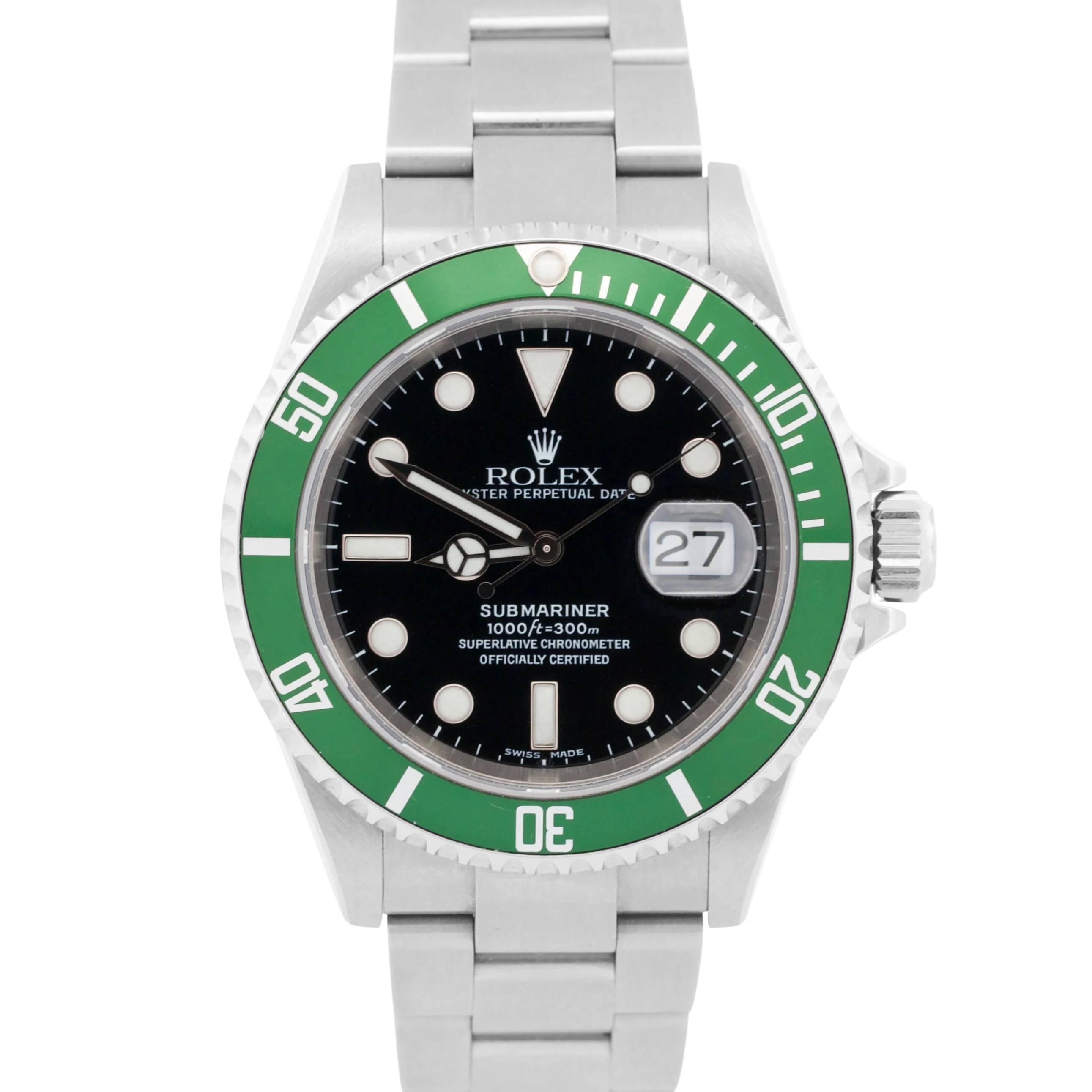 UNPOLISHED Rolex Submariner Date KERMIT Green Steel NO-HOLES 40mm 16610 LV BOX
