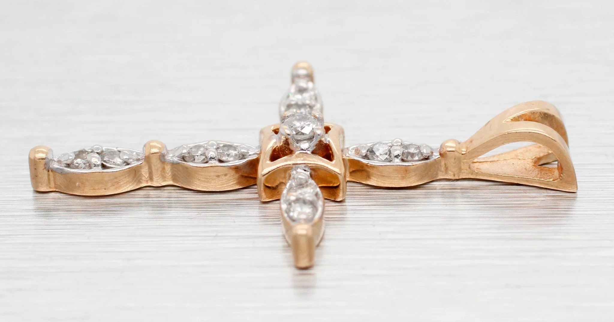 Vintage 0.25ctw Diamond Marquise-Shape Cross Pendant - 14k Yellow Gold Charm - Image 3