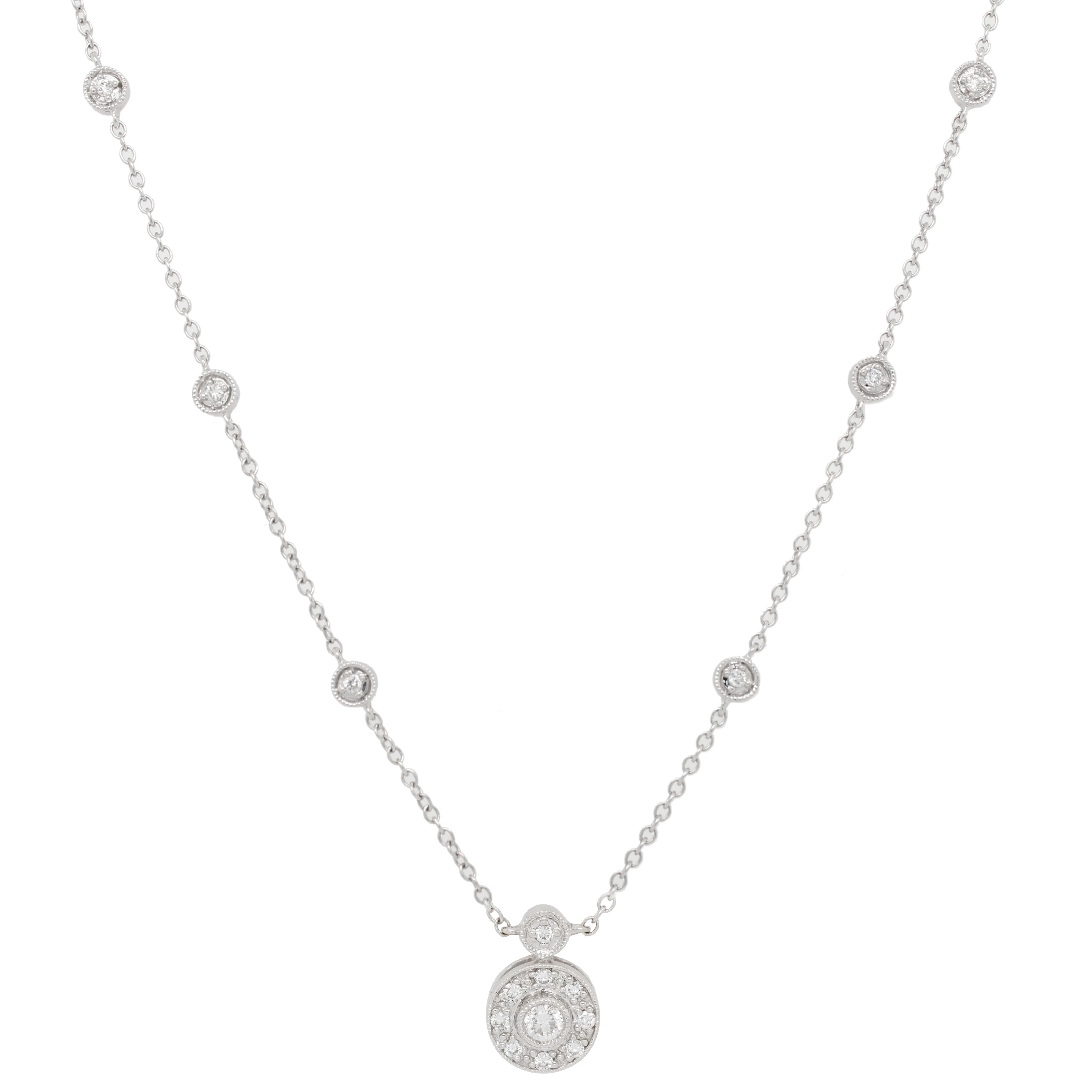 Vintage 0.25ctw Round Pendant Diamond Station Necklace 18" - 14k White Gold