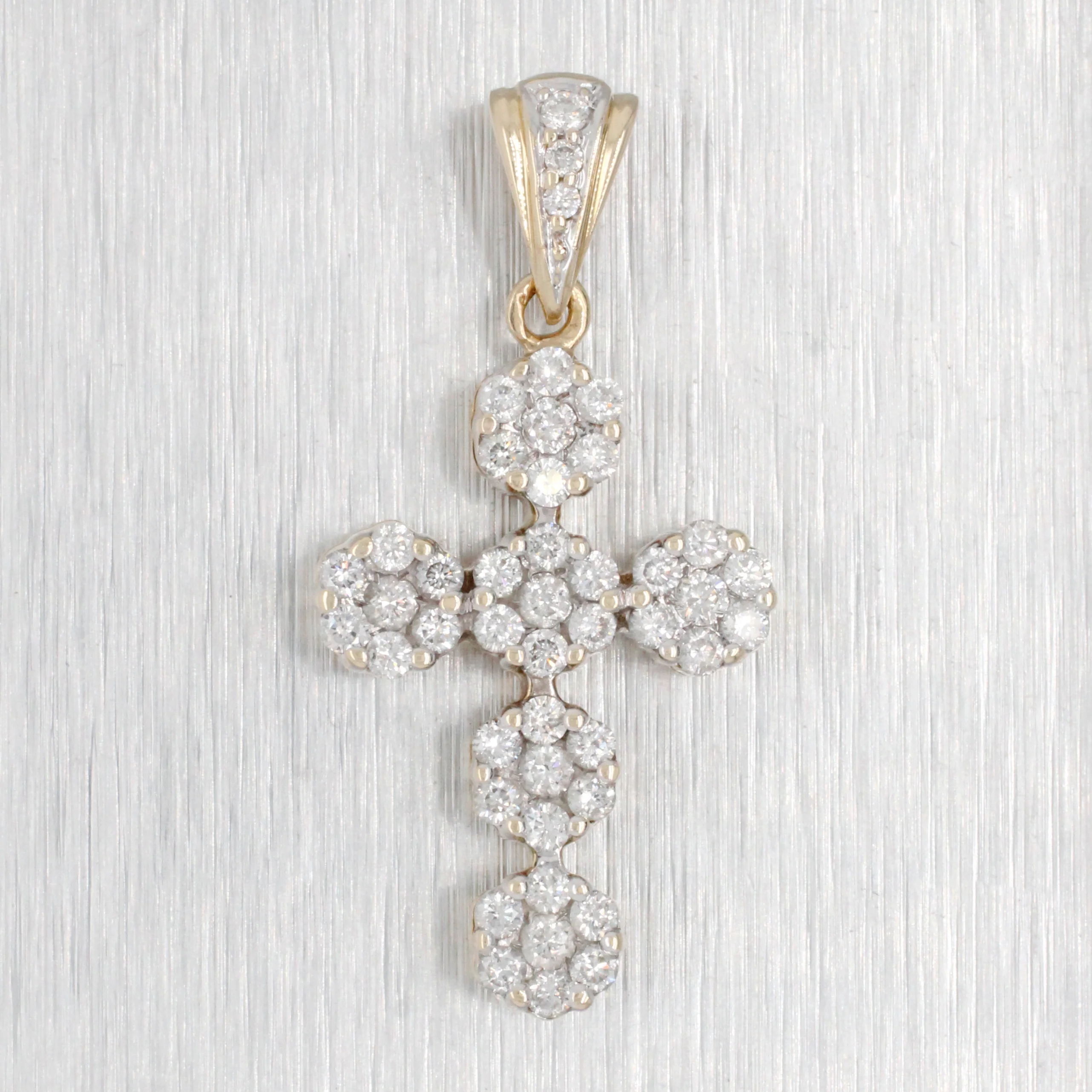 Vintage 0.50 ctw Diamond Cluster Cross Pendant - 14k Yellow Gold - Floral Motif