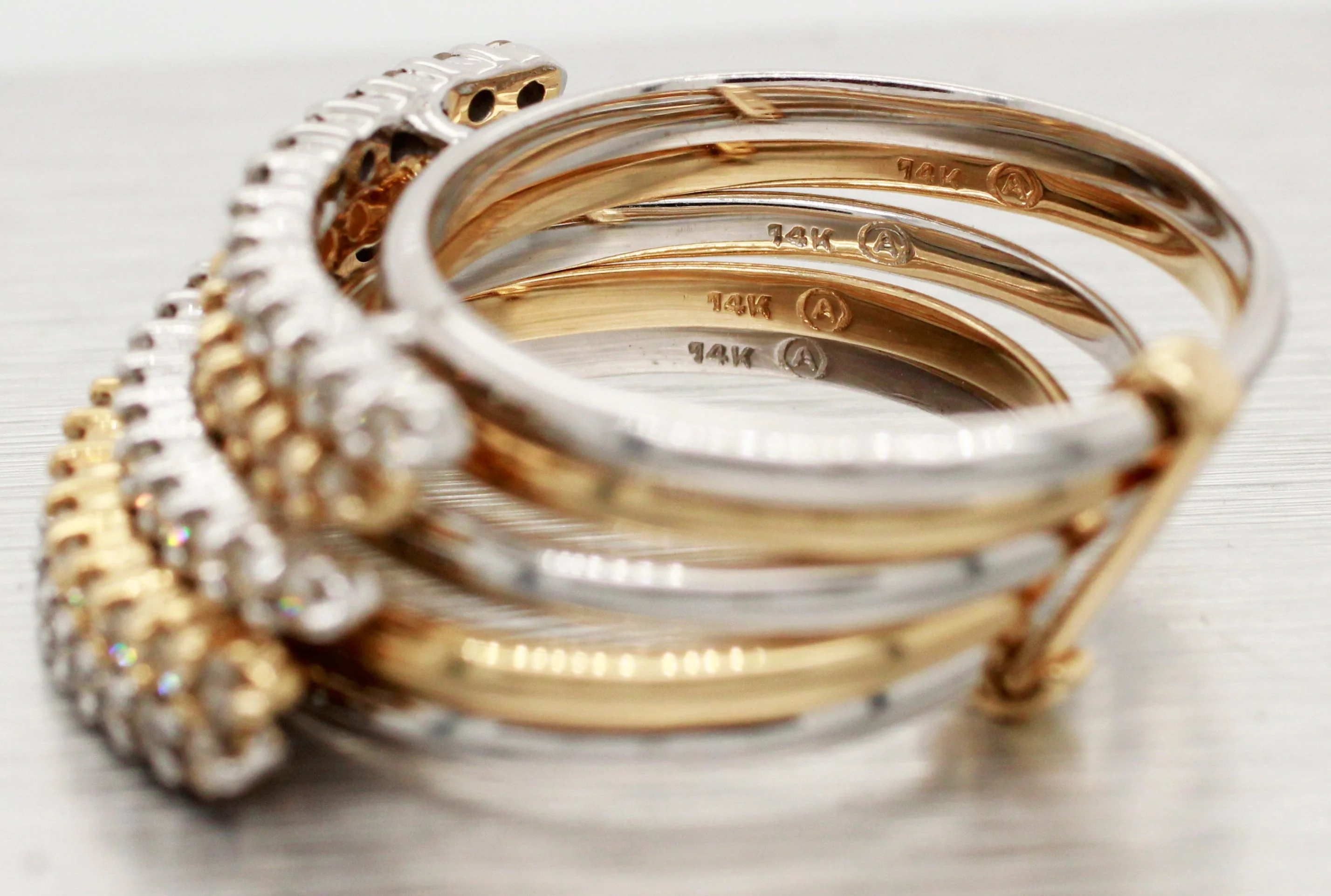 Vintage 0.70ctw Diamond Bypass Ring Stack of 5 - 14k Yellow & White Gold Bands - Image 3