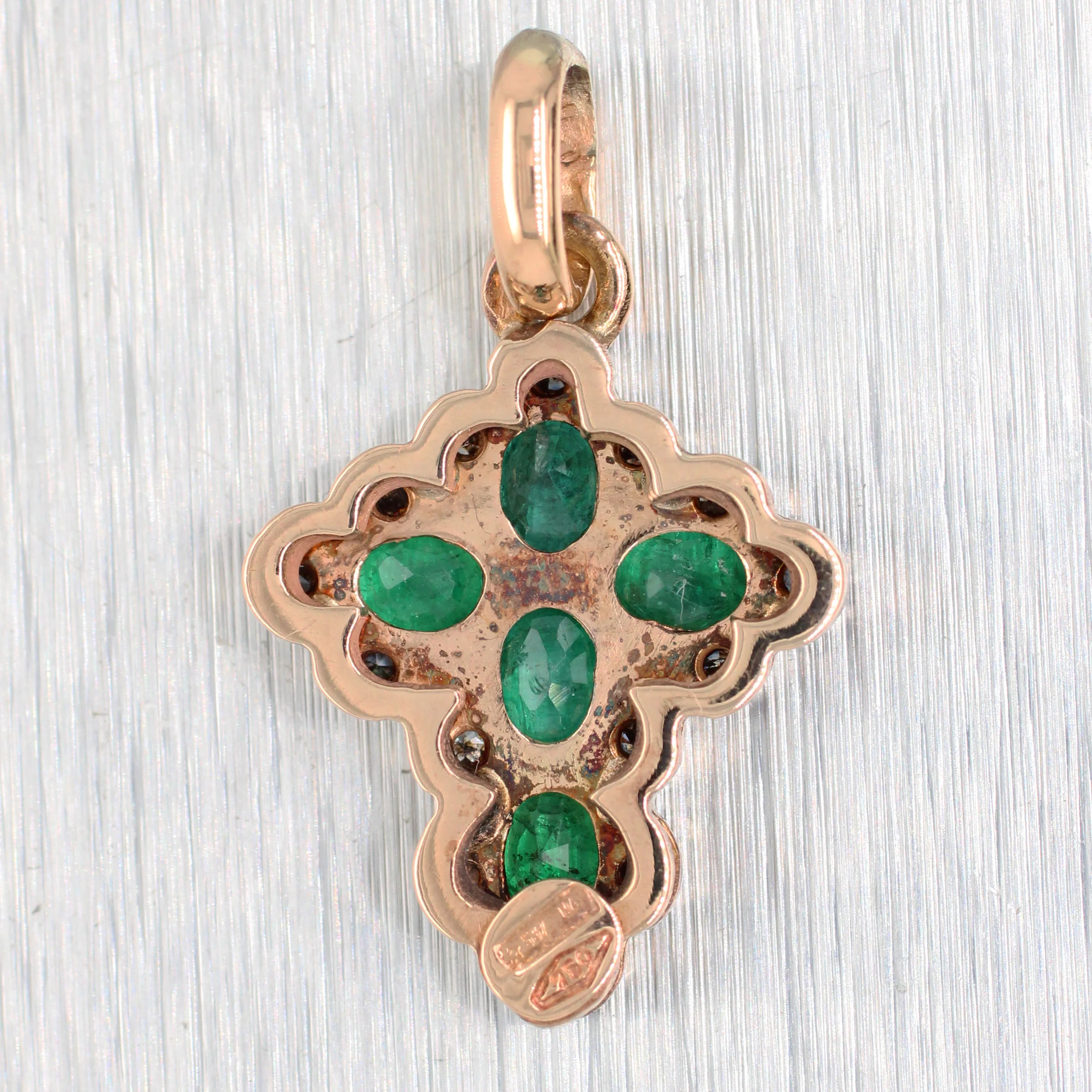 Vintage 0.75ctw Green Emerald & Diamond Cross Charm - 14k Yellow Gold Pendant - Image 2