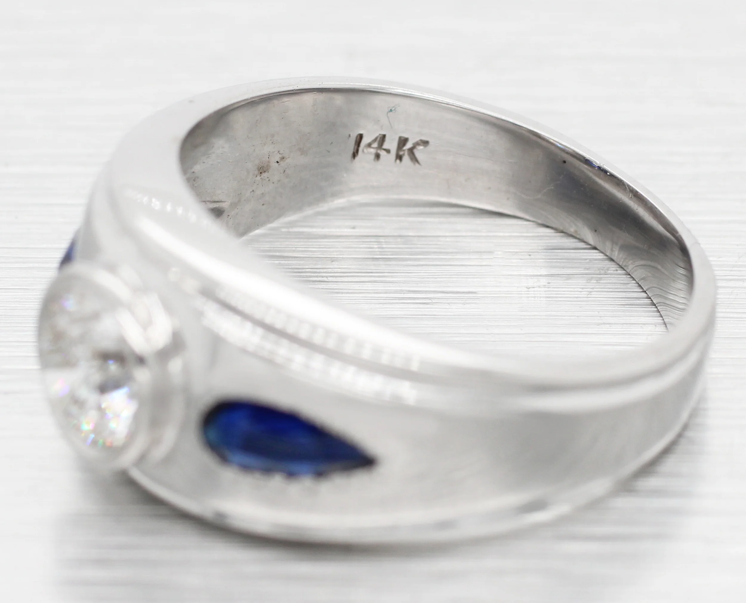 Vintage 1ct Diamond & 0.50ctw Sapphire Band Ring - 14k White Gold | Size 7.50 - Image 3