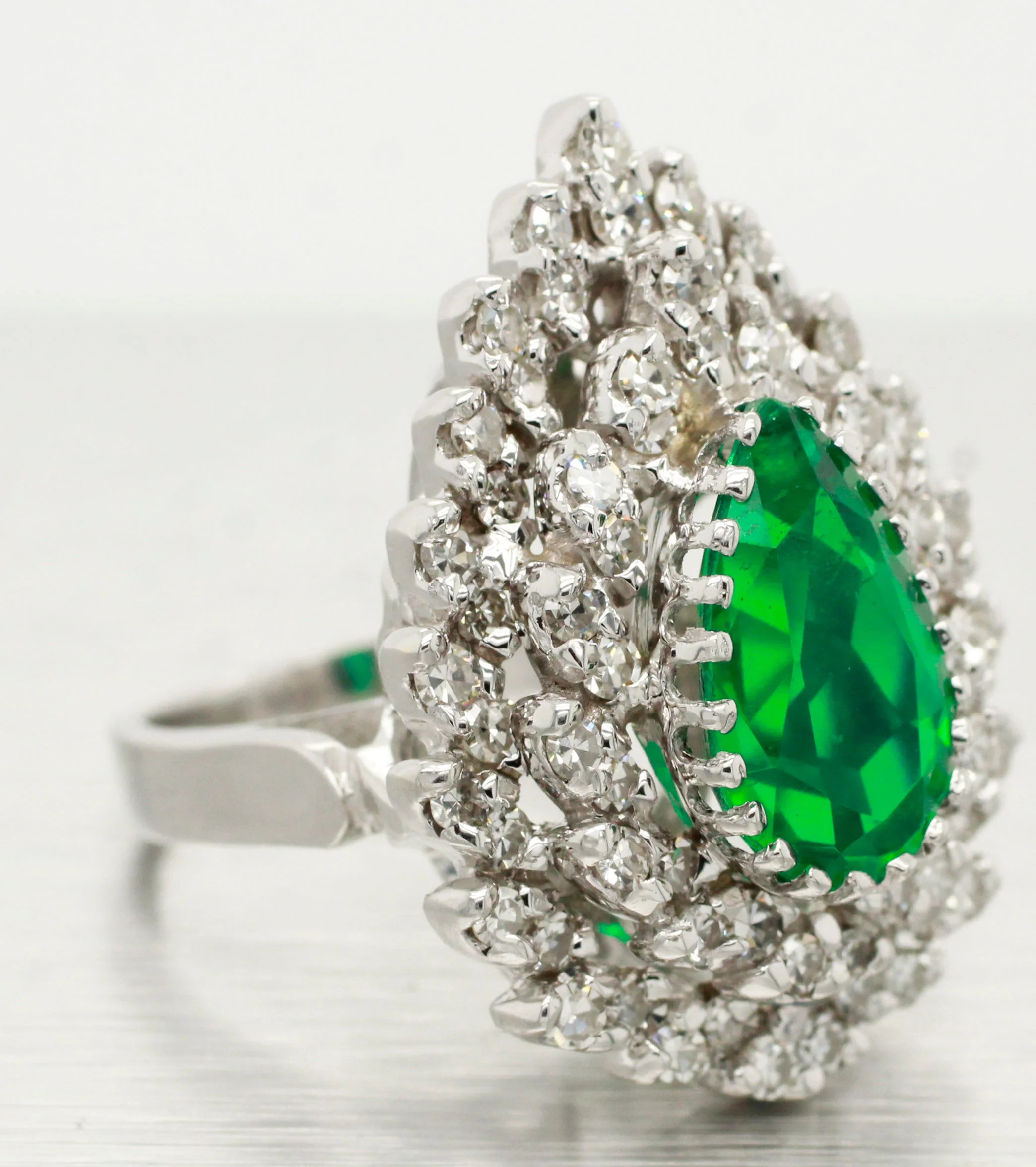 Vintage 2ct Lab-Created Emerald Pear Cut Engagement Ring - 14k White Gold - Image 2