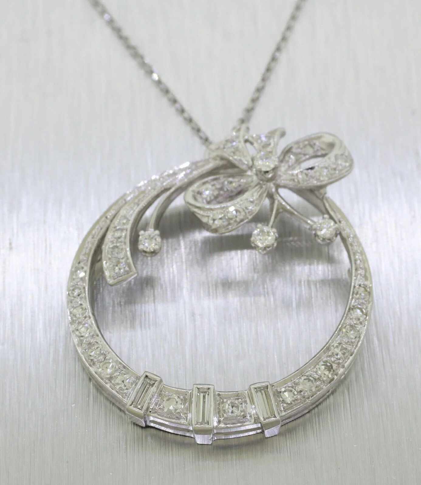 Vintage 2ctw Diamond Circle Ribbon Pendant - 14k White Gold - 16" Necklace - Image 2