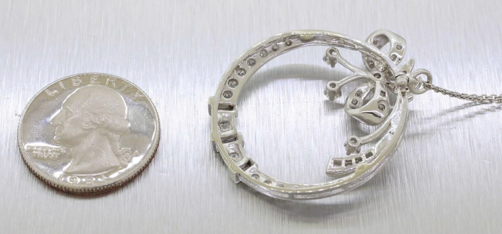 Vintage 2ctw Diamond Circle Ribbon Pendant - 14k White Gold - 16" Necklace - Image 3
